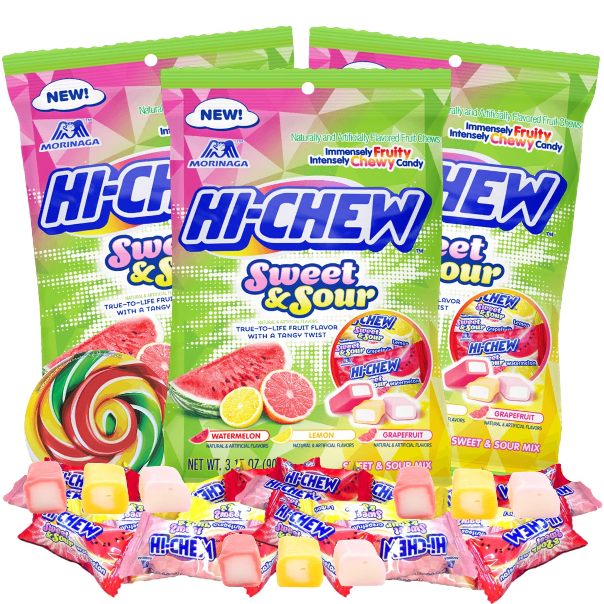 Sweetzo - Candy Sweet and Sour Mix, Watermelon, Grapefruit, and Lemon Individually Wrapped Chewy Candies, Pack of 3, 3.17 Ounces