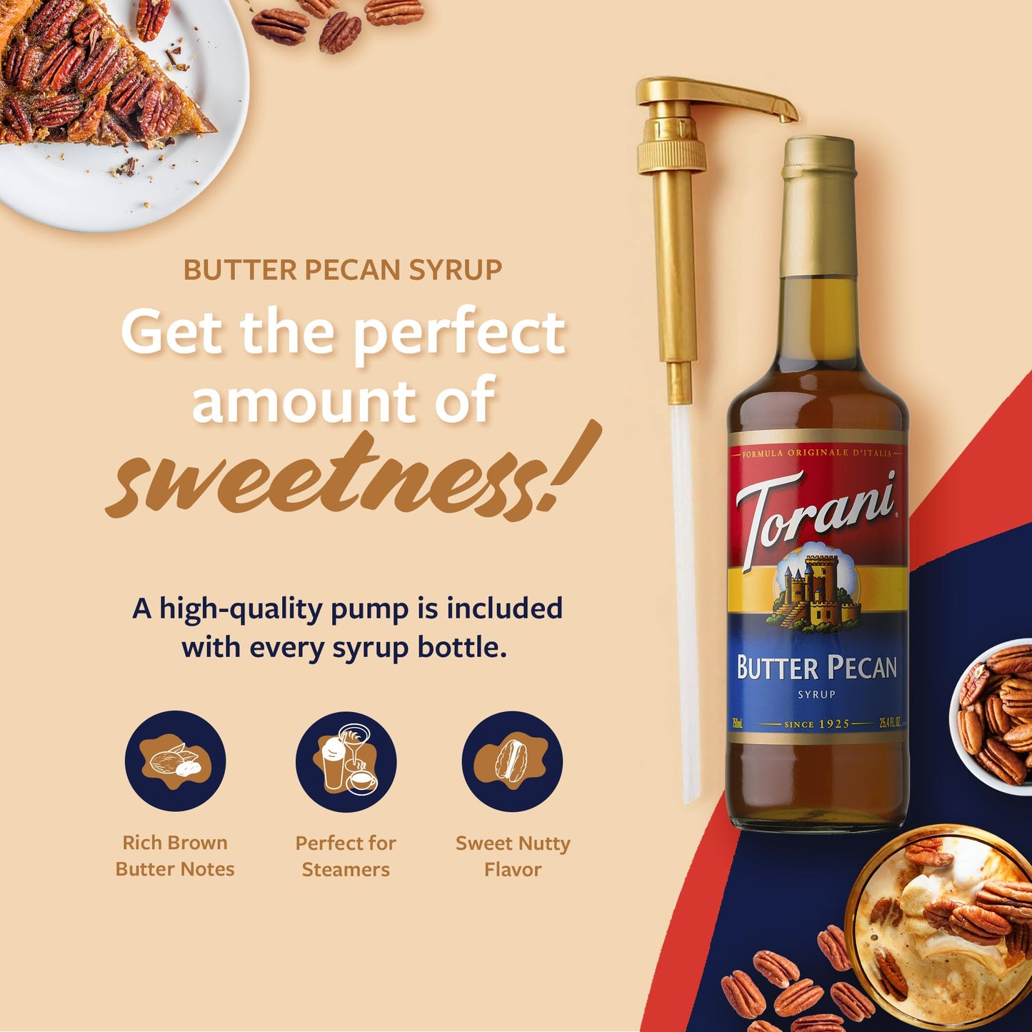 Torani Coffee Syrup, Butter Pecan Flavoring For Drinks, Glass Bottle With Pump Included, 25.4 Fl Oz