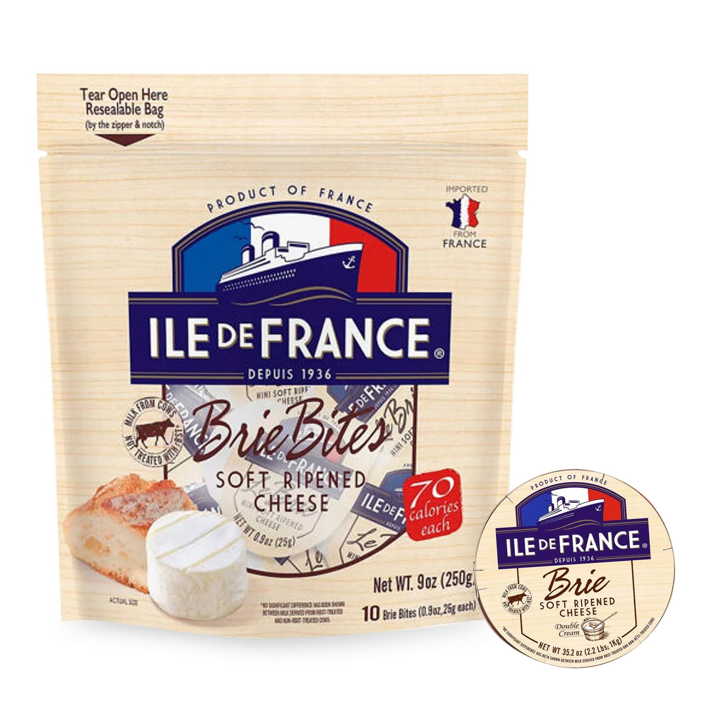 Ile De France Brie Cheese - 60 Soft Ripened French Cheeses  0.9 Oz Mini Brie Individual Cheese - Easy To Carry Brie Bites From The Cheese Lover Shop