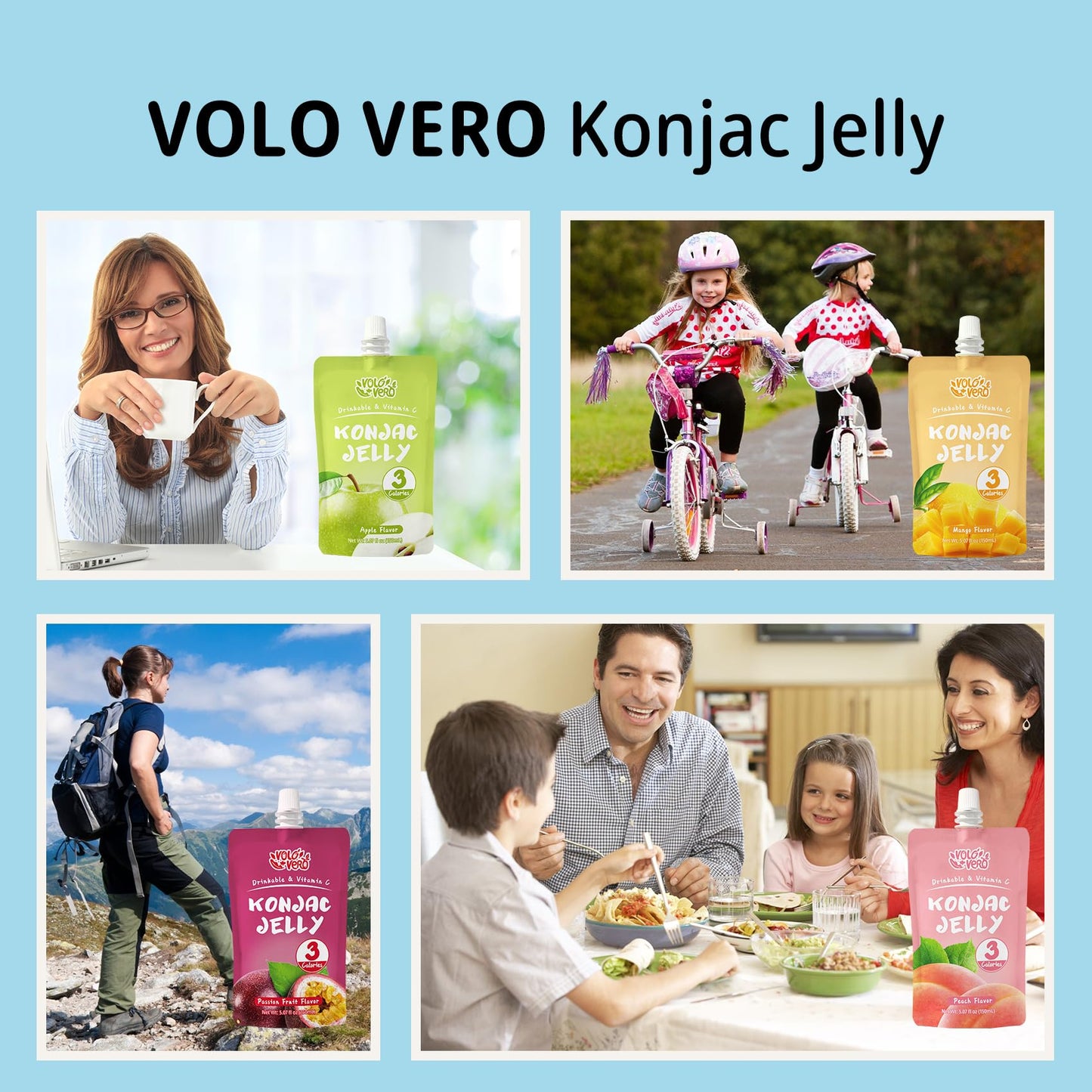 Volo Vero Drinkable Konjac Jelly Variety Pack, 3 Calories, 10 Pack, 0 Sugar, Vegan, Gluten Free, Keto, Vitamin C Fruit Snacks Holiday Gifts - Flavors Include Mango, Peach, Passion Fruit, And Apple Pouches