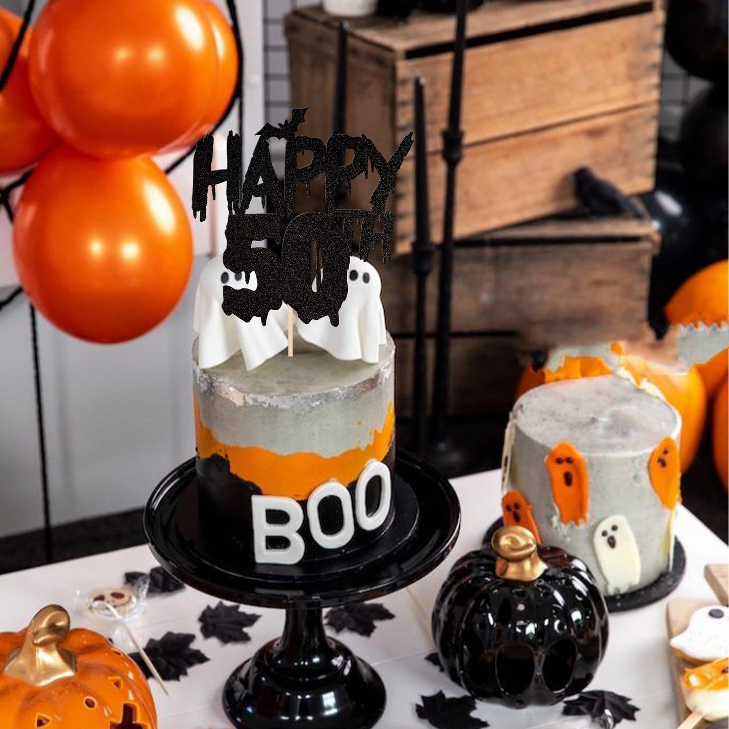 1 Pcs Halloween Theme Happy 50Th Birthday Cake Topper Glitter Cheers To 50 Years Bat Halloween Cake Pick For Halloween Happy 50T