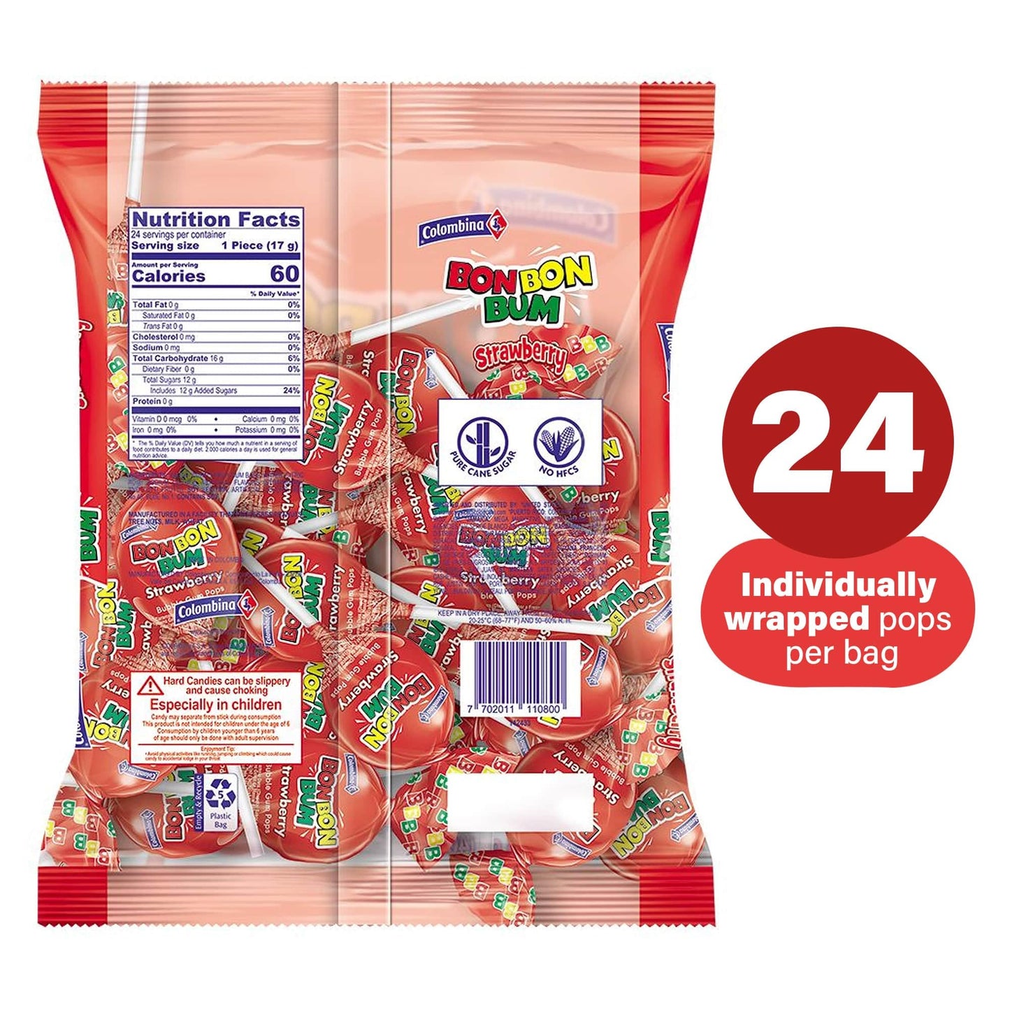 Colombina Bon Bon Bum Lollipops W/Bubble Gum Center, Strawberry Flavor, Individually Wrapped, Ideal For Party Favors And Gifts,
