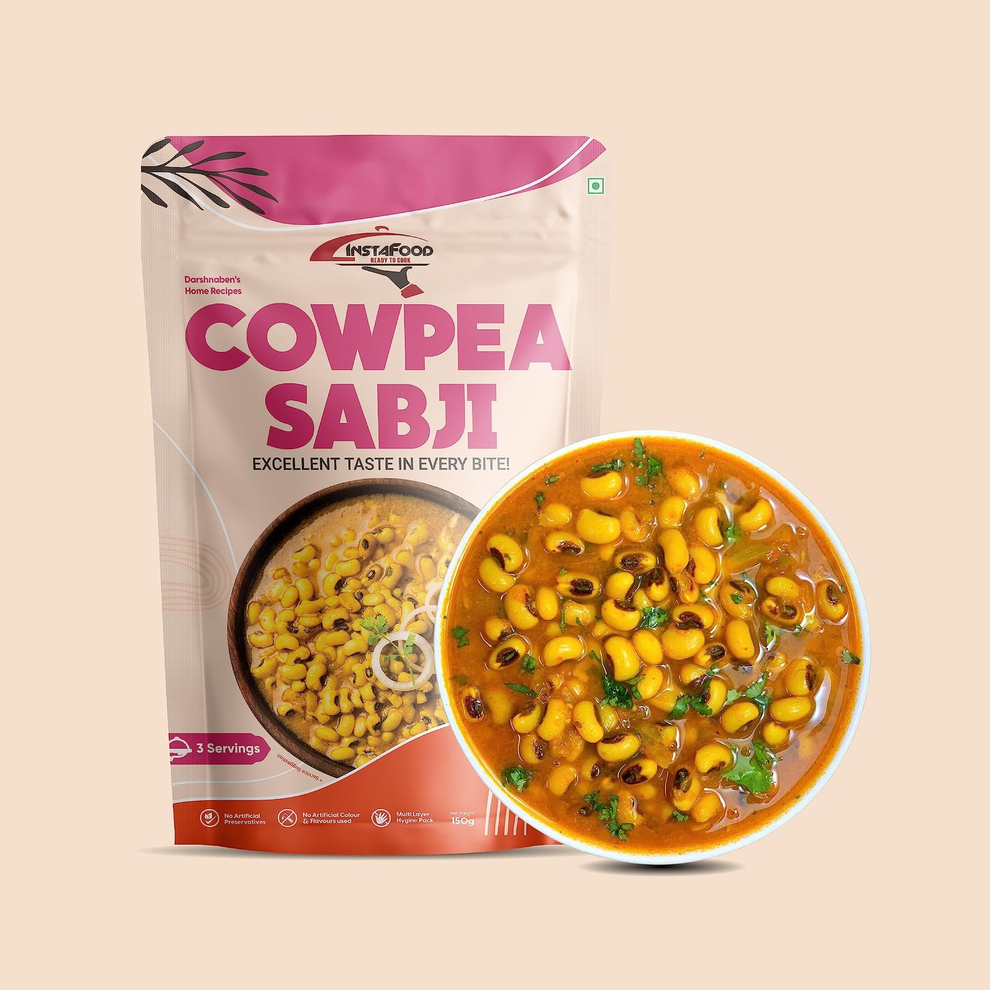 Instafood Cowpea (Choli) Sabji | Ready To Eat & Cook Meal | 3-4 Servings | Pack Of 1 (150G) | After Cooking Gets 700G To Serve |