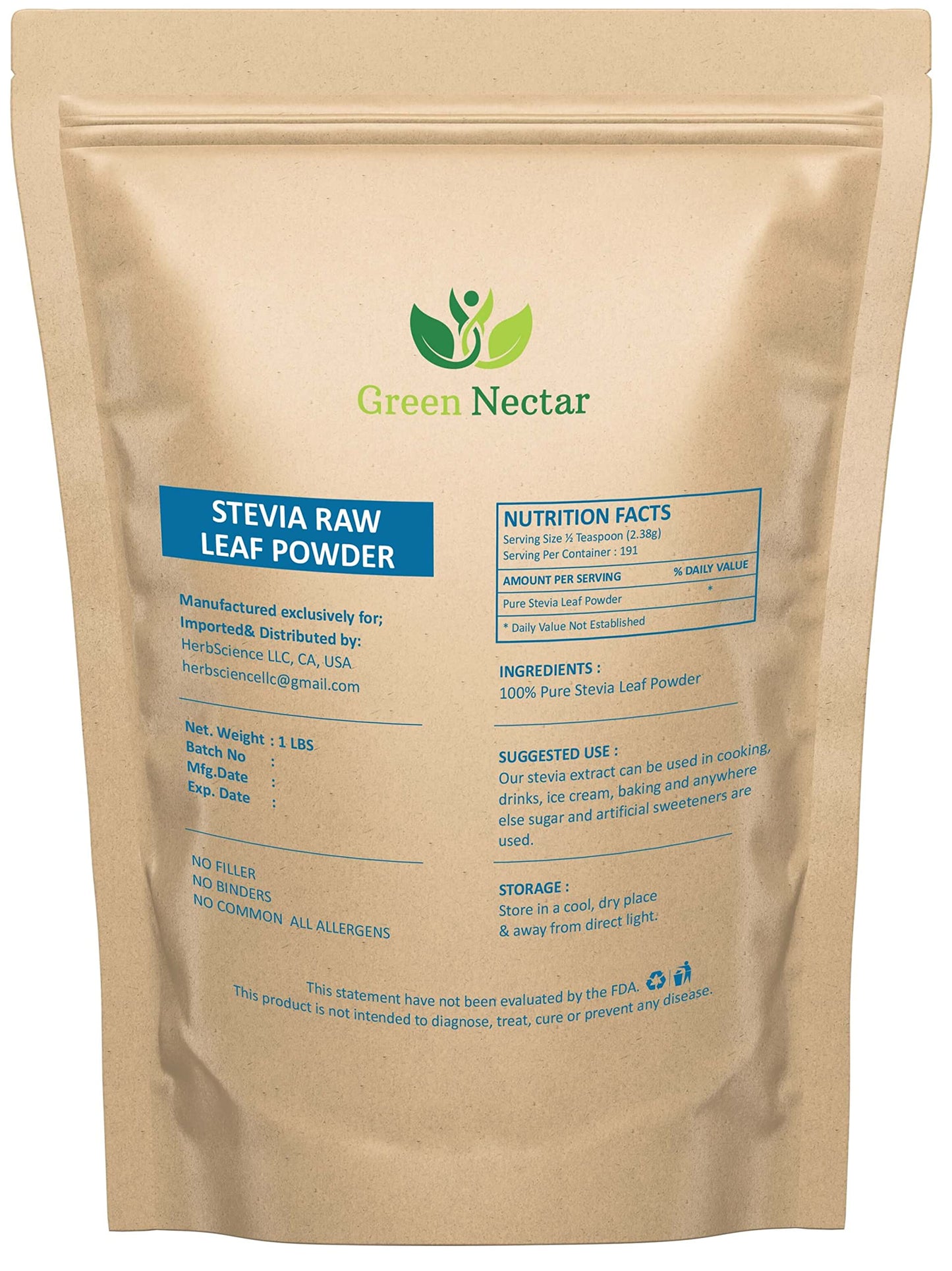 Generic Green Stevia Powder Natural Sweetener, 16 Ounces, Zero Calories, Non-GMO, Raw, No Preservatives
