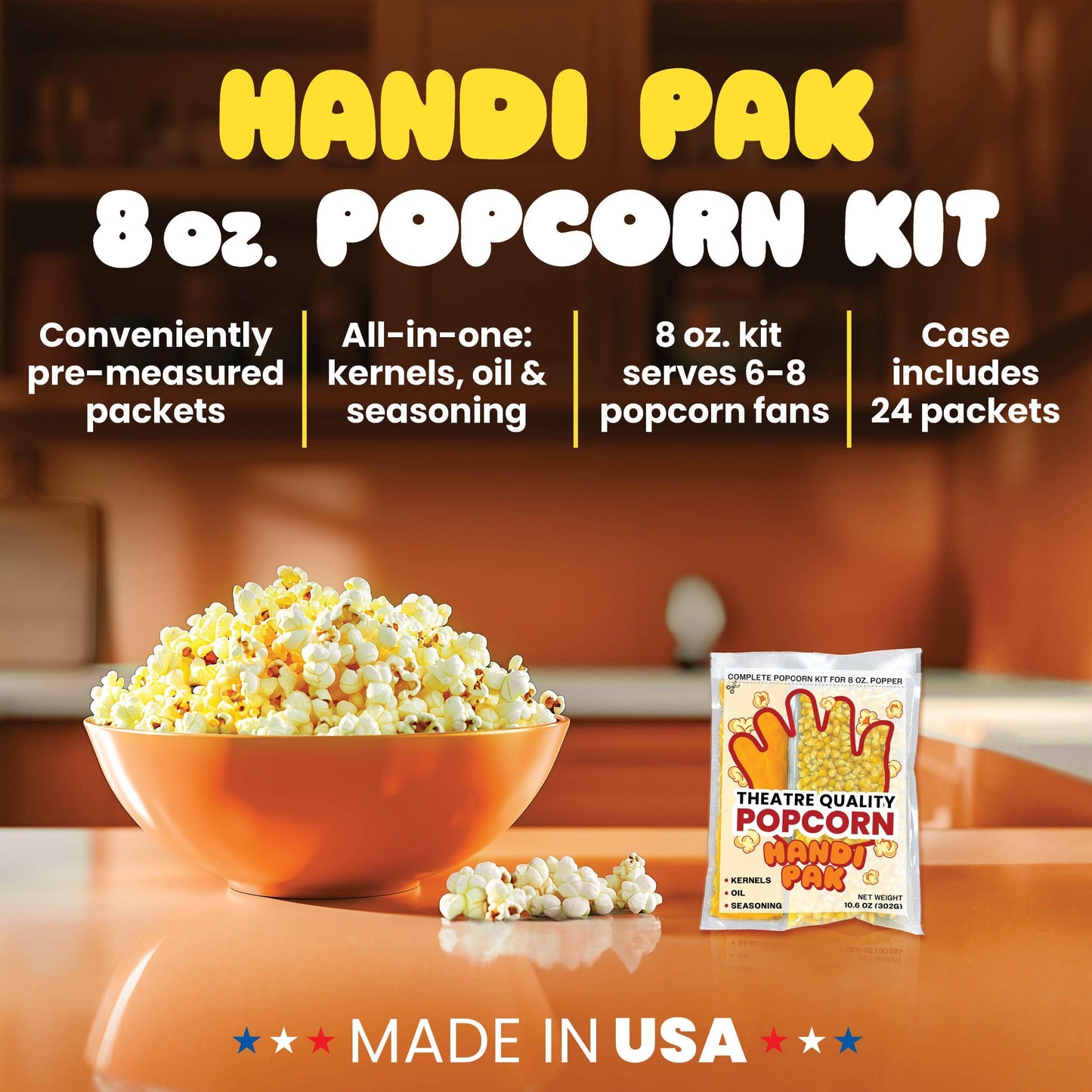 PREMIUM AMERICA Gourmet Popcorn Kit, 24 Pre-Portioned Packs, 8 oz Poppers, Movie Theater Style, Butter Coconut Oil, Kernels & Seasoning