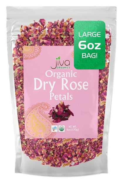 Jiva USDA Organic Dried Red Rose Petals 6 Oz (170g) Large Bag - Food Grade, Edible Flowers - Use in Tea, Baking, Making Rose Wat