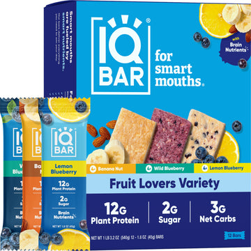 Iqbar Brain And Body Plant Protein Bars - Fruit Lovers Variety - 12 Count, Low Carb, High Fiber, Gluten Free, Vegan Snacks - Low