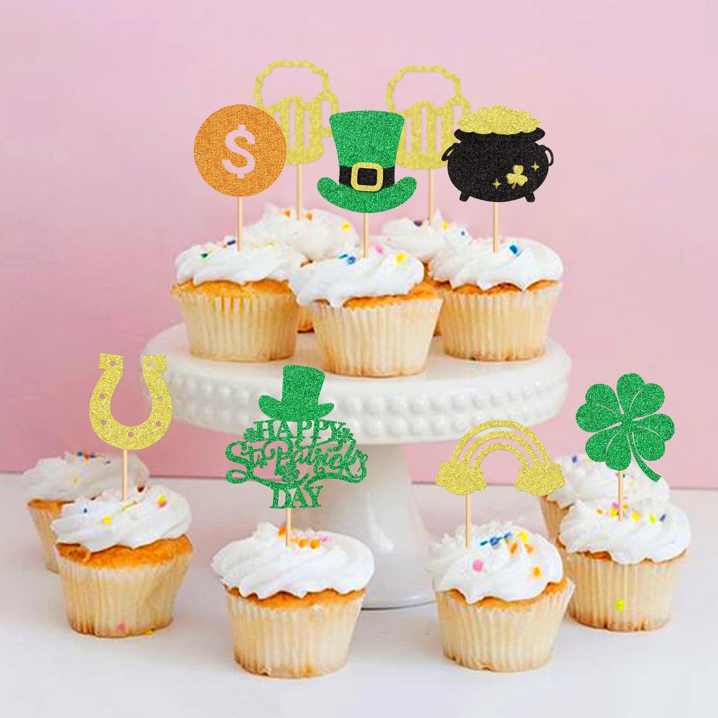Ercadio St. Patricks Day Cupcake Toppers, Glitter Shamrock Picks, Green Hat Design, 24 Pack, Paper