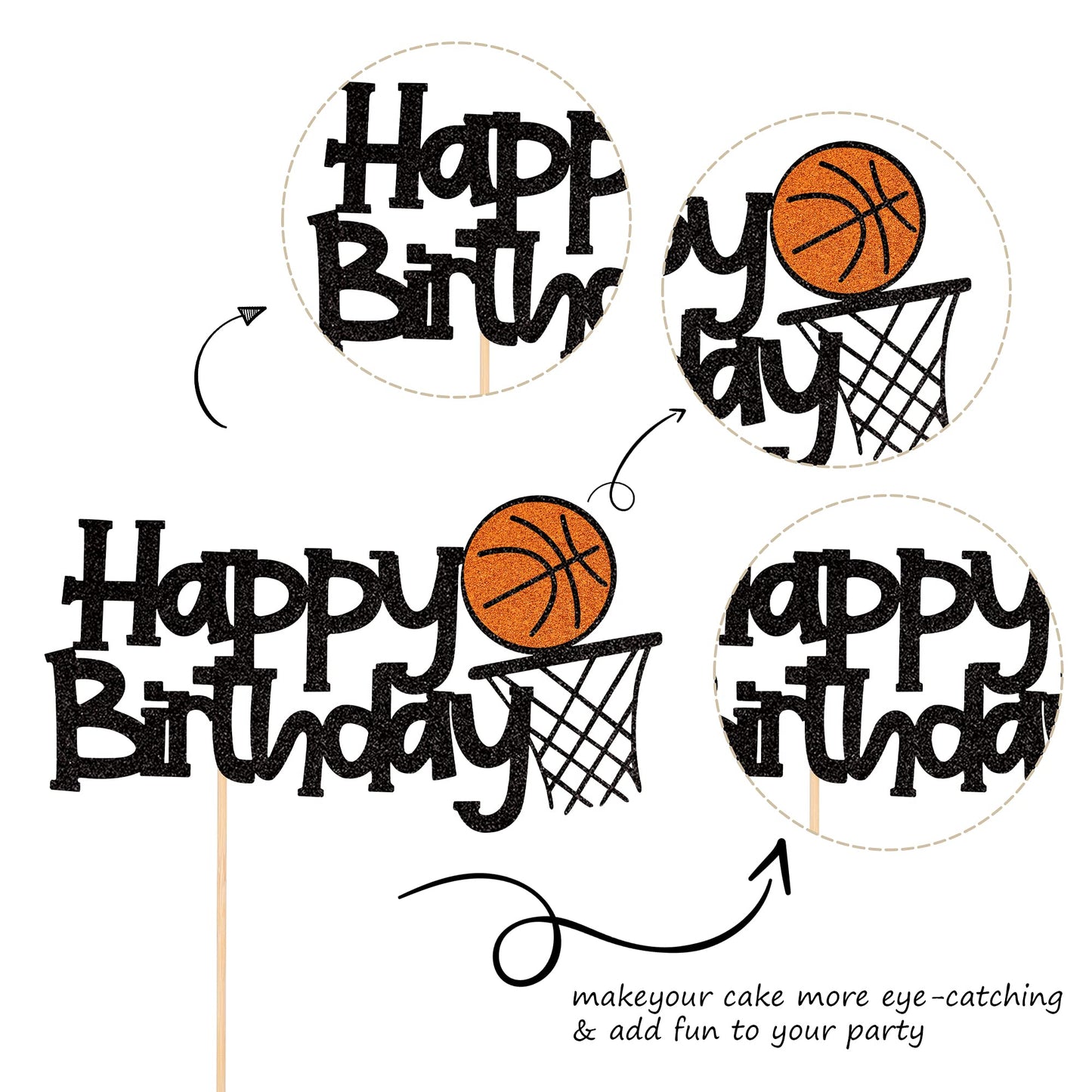 1 Pcs Basketball Happy Birthday Cake Topper Assembled Glitter Basketball Theme Baby Shower Men Boys Birthday Party Cake Pick Dec