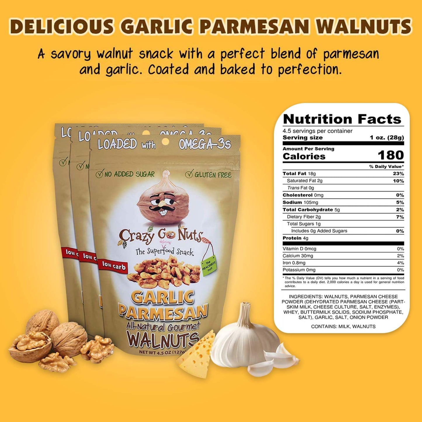 Crazy Go Nuts Sampler Pack - Candied & Salted Walnuts for Snacking, Flavored Snack Packs w/Omega 3 ALA & Vegan Protein - Maple,