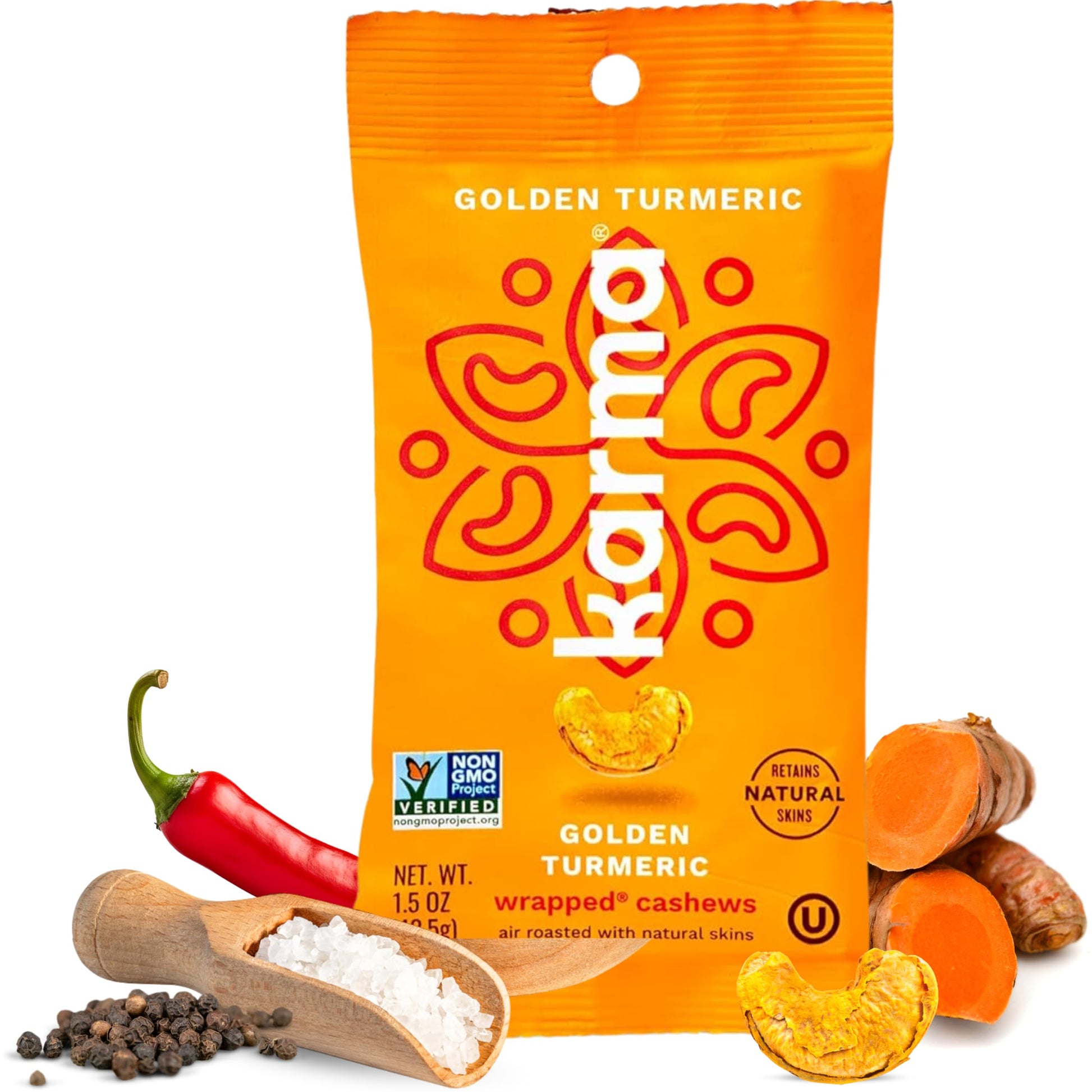Golden Turmeric Cashews with Skin by Karma Nuts, Whole, Roasted, Vegan, Gluten Free, Low Net Carb, Natural, Everyday Nut Snack, 