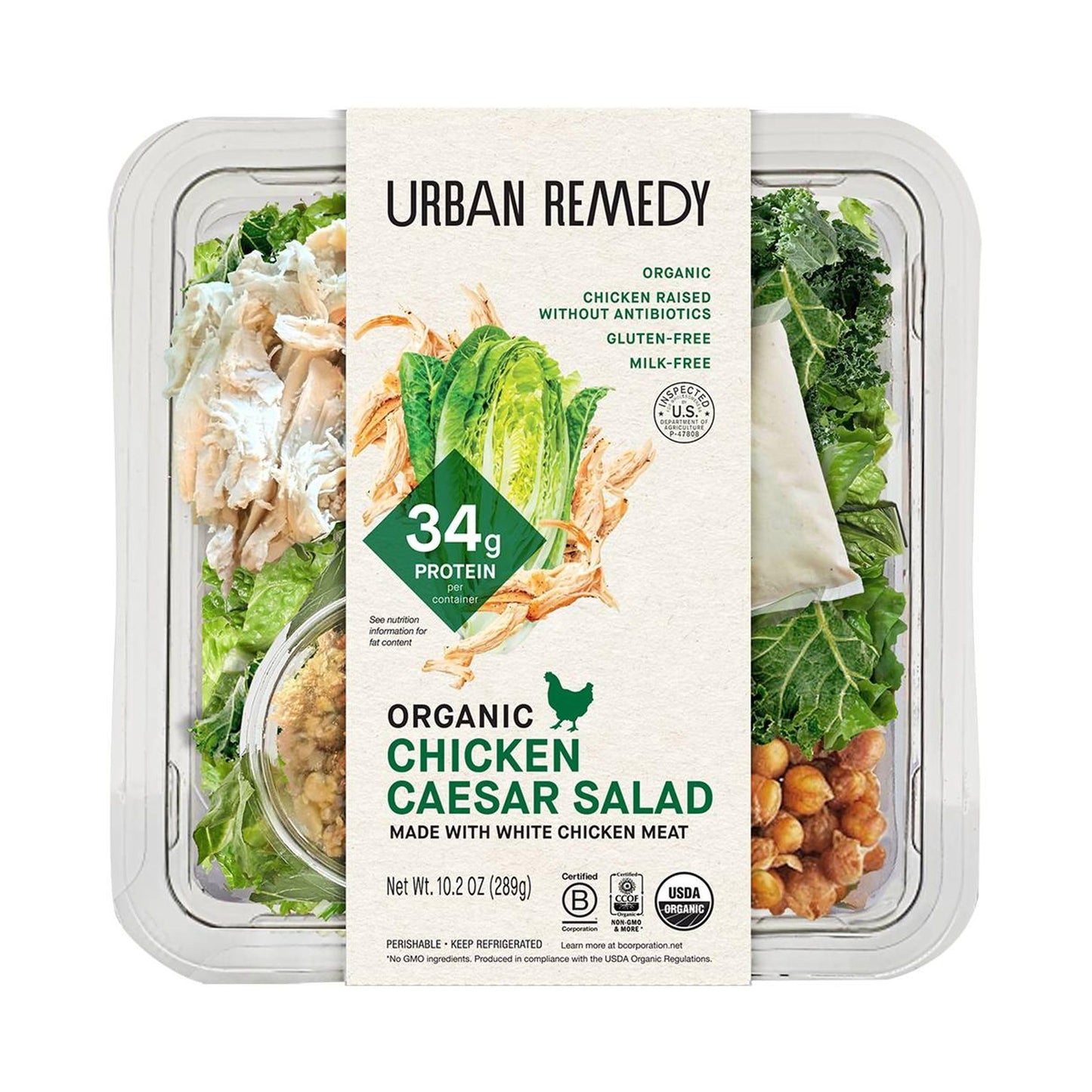 Urban Remedy Organic Chicken Caesar Salad, 6.5 oz, High-Protein Ready-to-Eat Meal with Organic Lettuce, Kale, Chicken, Caesar Dr