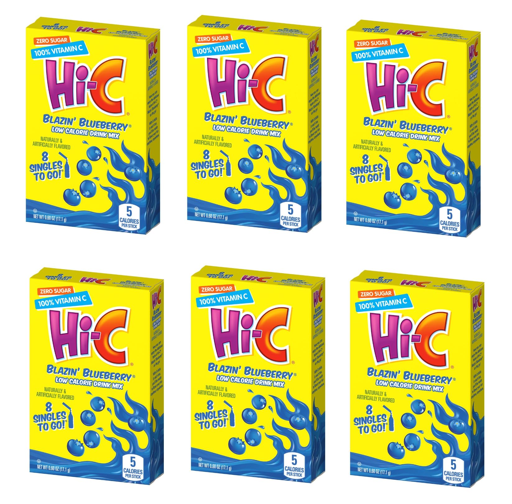 Hi-C Singles To Go Drink Mix Blazin' Blueberry Pack Of 6, 48 Total Servings - 8 Servings Per Box, Low Calorie - Zero Sugar, Wate