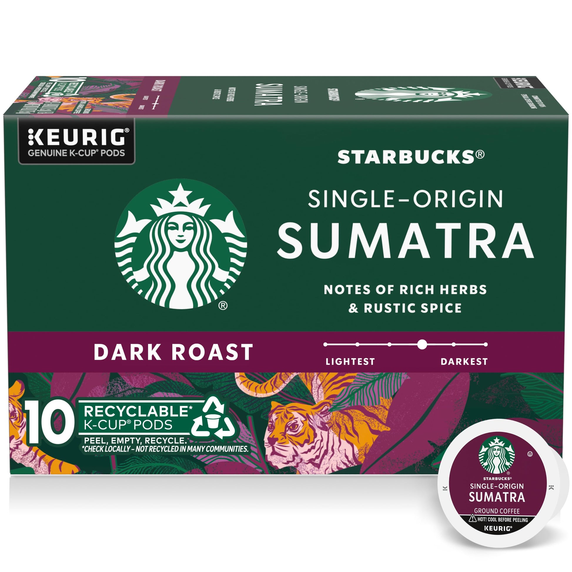 Starbucks K-Cup Coffee Pods  Dark Roast Coffee  Sumatra  100% Arabica  1 Box (10 Pods)