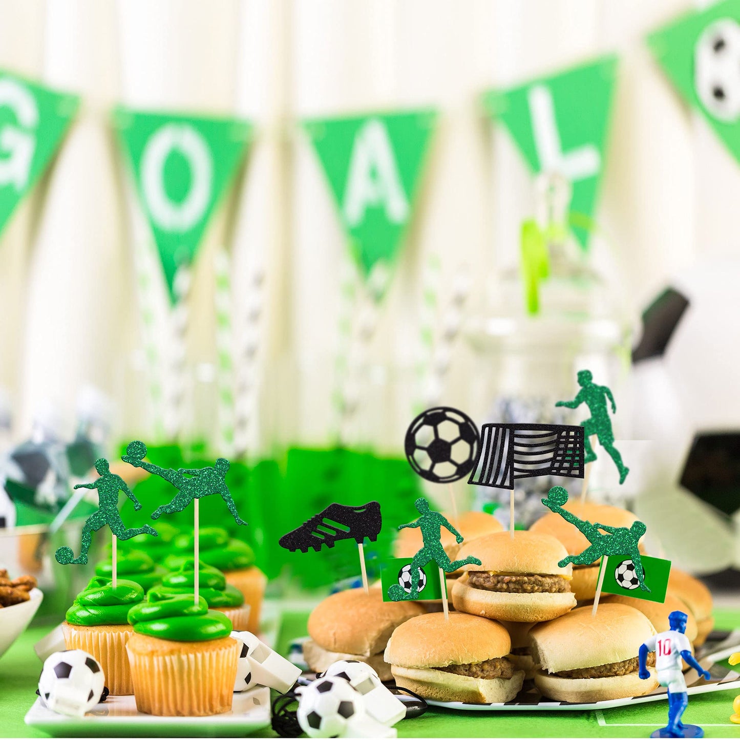 Gyufise 24Pcs Soccer Cupcake Toppers - Glitter Football Decorations For Sports Theme Parties & Cake Designs