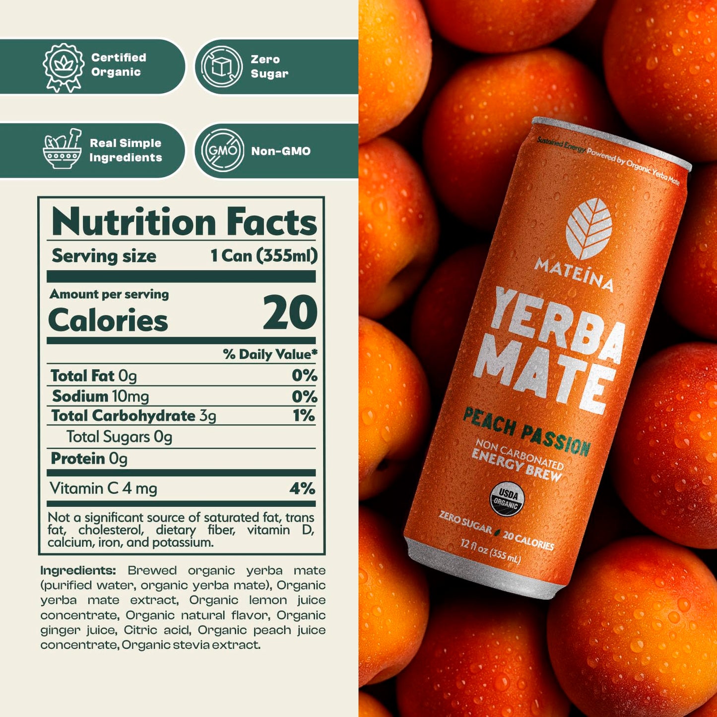 Mateina Yerba Mate Zero Sugar Energy Drink - 120mg Natural Caffeine - Organic  Non-GMO  Non-Carbonated - Dr. Andrew Huberman Recommended - 12 Pack (12oz Cans) (12 Pack  Peach Passion)