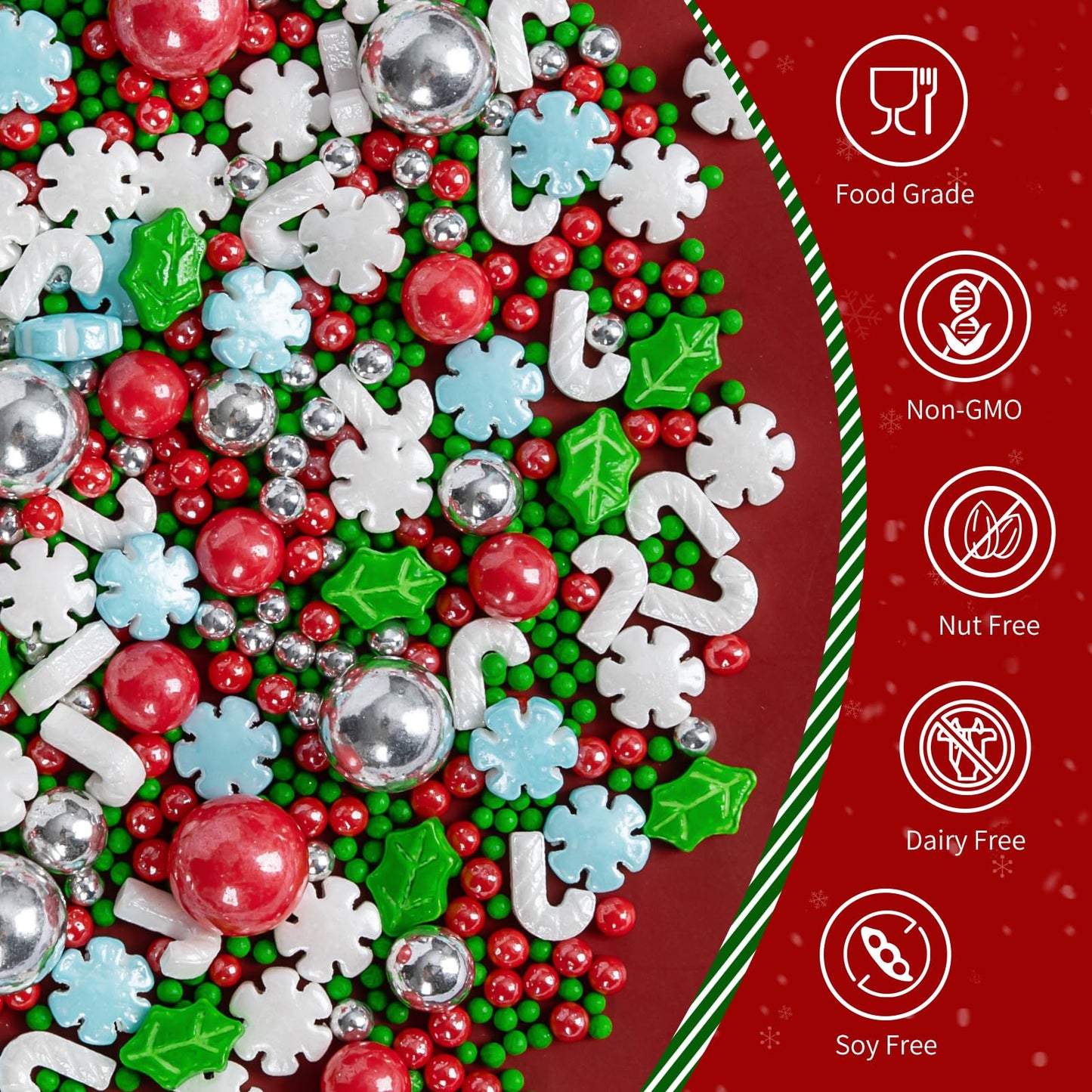 Edible Christmas Sprinkles for Cake Decorating,130gWhite and Blue Snowflake,White Candy Cane,Red Silver Pearls,Christmas Trees,S