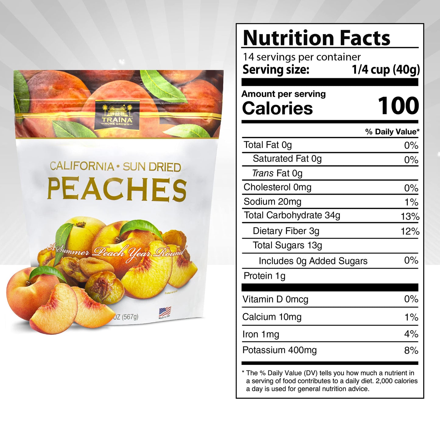 Traina Home Grown California Sun Dried Peaches - Healthy & Non-Gmo, Natural Sweet Flavor Fruit No Sugar Added, Perfect Snack In