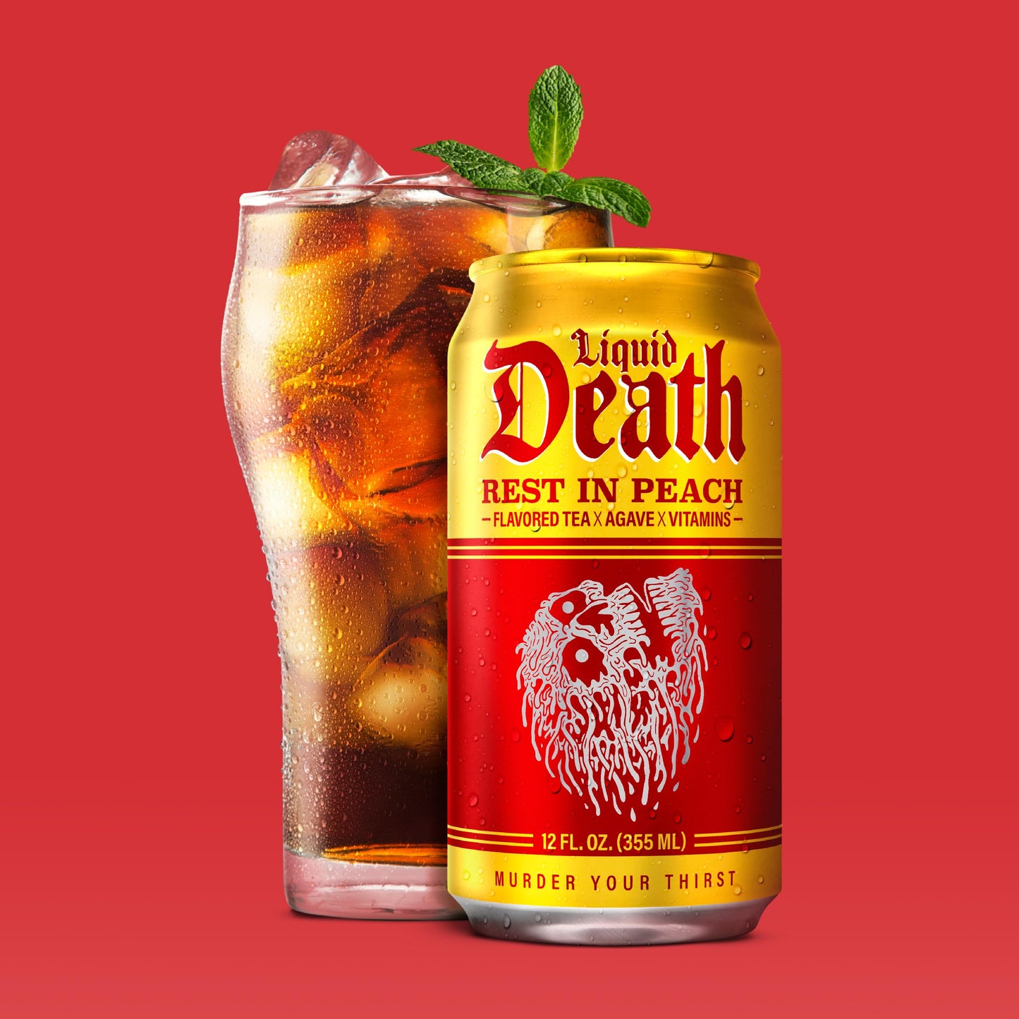 Liquid Death, Rest In Peach Iced Tea, 12-Pack (12 Oz Cans), Peach Flavored Back Tea, Low Calorie, No Artificial Sweeteners, B12