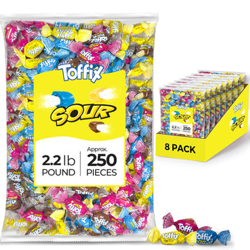 Toffix Sour Chews, Center-Filled Soft Chewy Candy, 250 Pieces of Individually Wrapped Snacks for Kids & Adult, Strawberry, Blueb