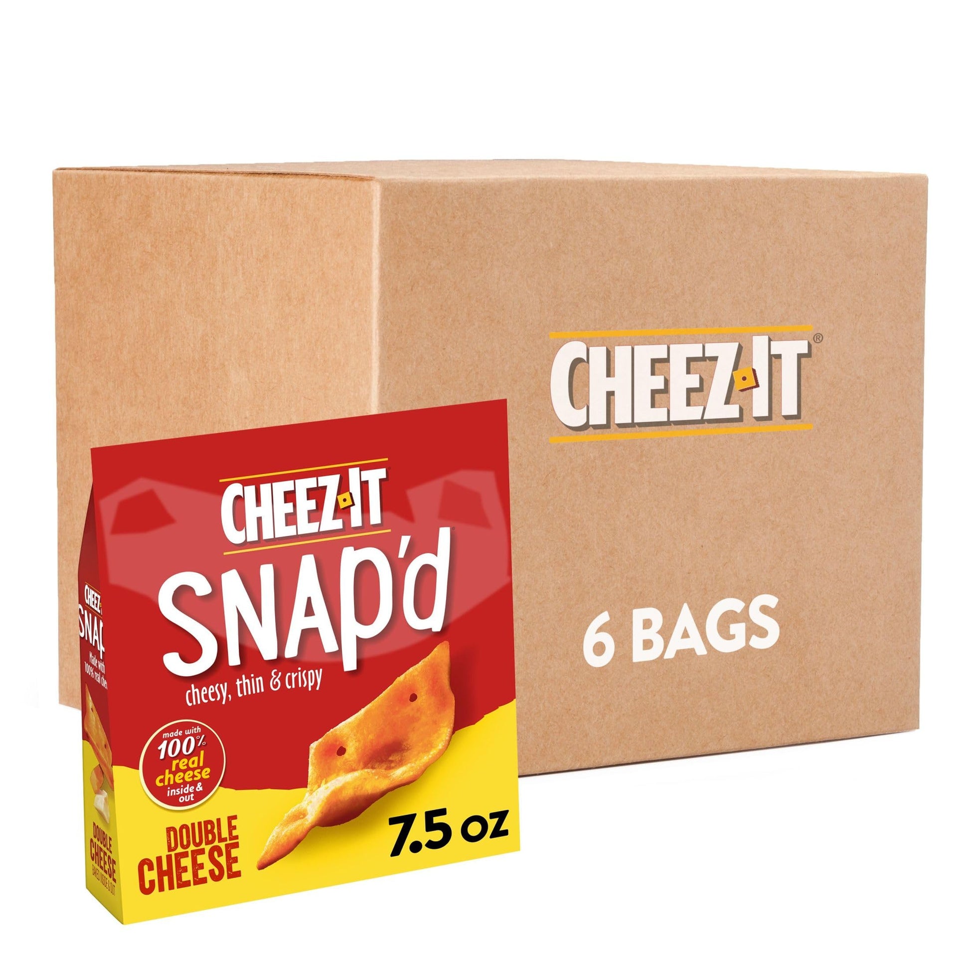 Cheez-It Snap'D Cheese Cracker Chips, Thin Crisps, Lunch Snacks, Double Cheese, 45Oz Case (6 Bags)