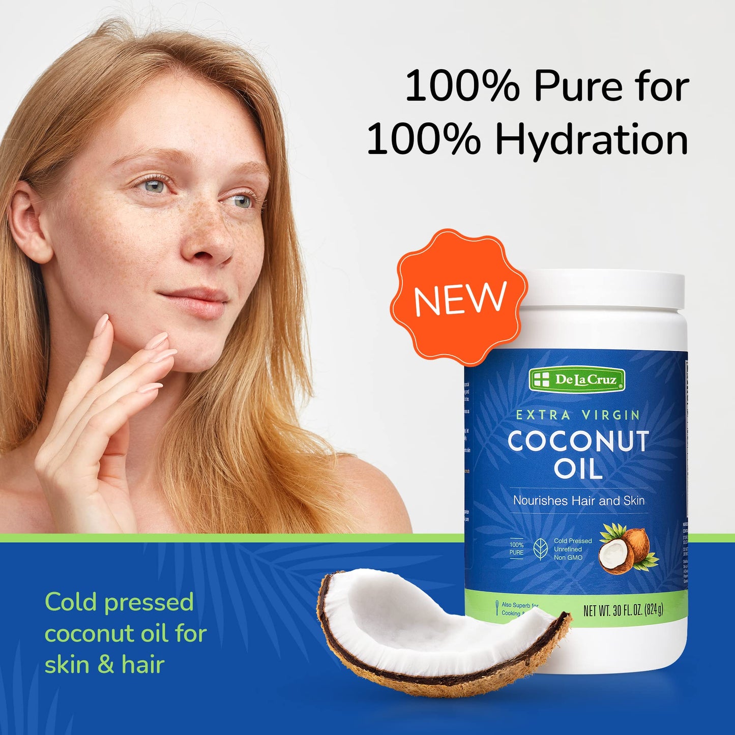 De La Cruz Extra Virgin Coconut Oil - 100% Pure For Skin And Hair - Cooking - Multipurpose, Unrefined And Cold Pressed - 30 Fl O