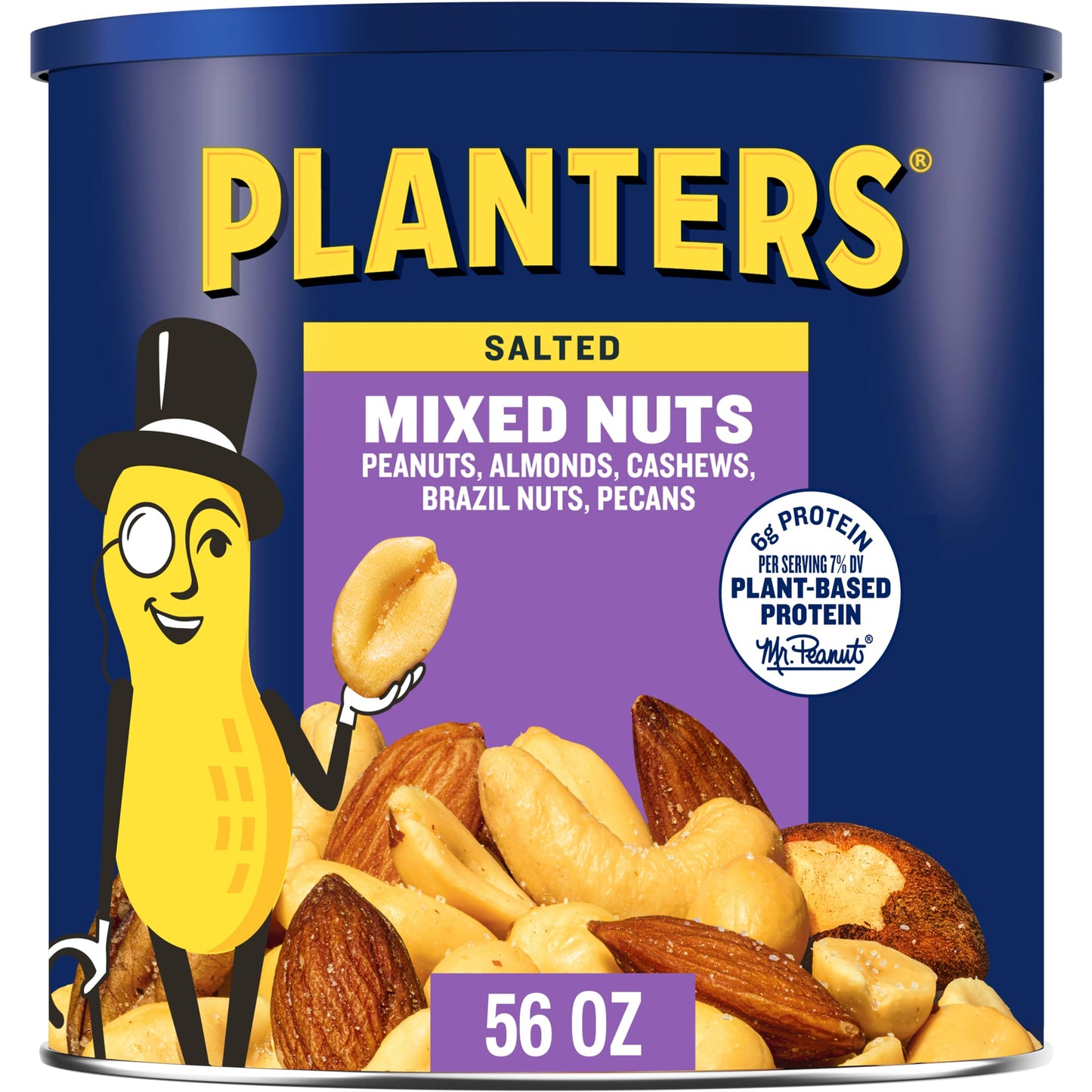 PLANTERS Salted Mixed Nuts, Peanuts, Almonds, Cashews, Brazil Nuts, Pecans, 56oz Canister, Plant-Based Protein Snack