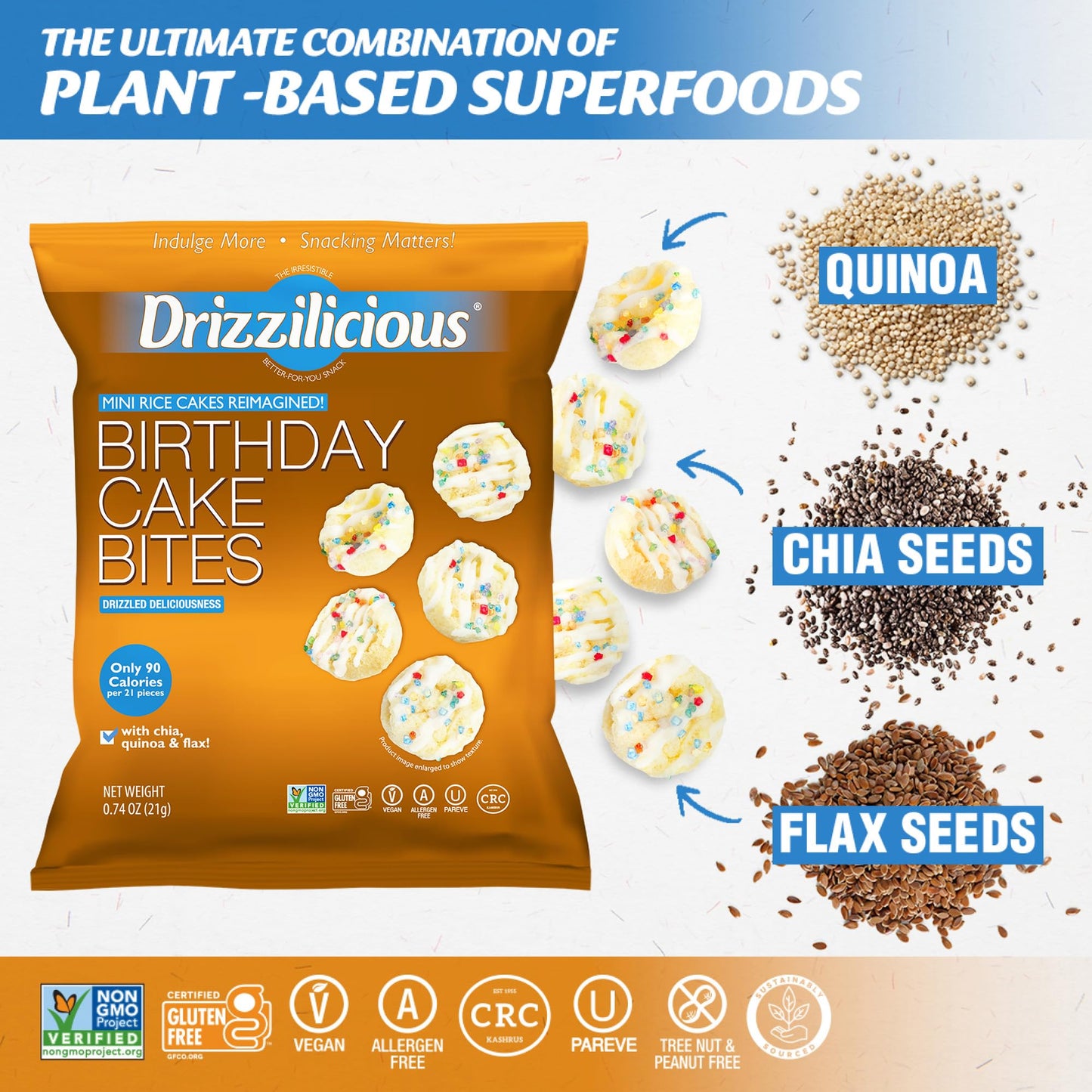 Drizzilicious Mini Rice Cakes - Vegan, Gluten Free, 90 Calories, 0.74 oz (Pack of 10)