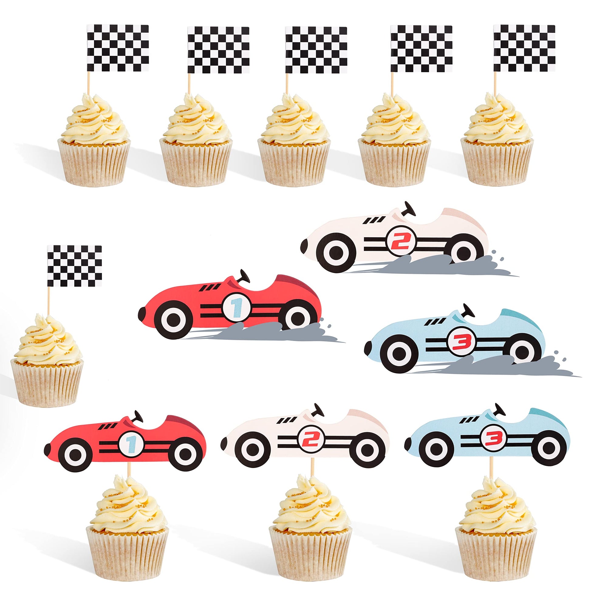 12Pcs Vintage Racing Checkered Flag Cupcake Toppers Racing Themed Birthday Party Or Baby Shower Cupcake Toppers, Buggy Party Dec