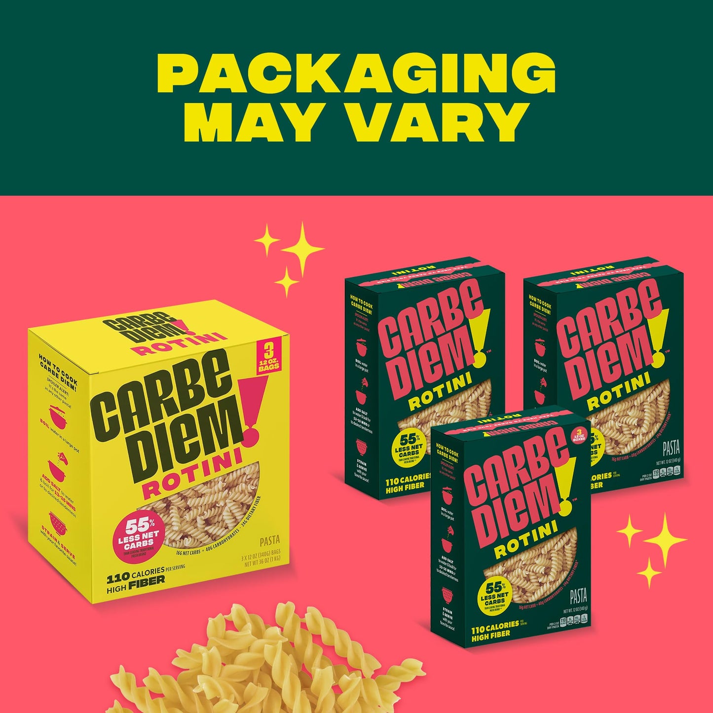 Carbe Diem! Rotini | 3X 12Oz Bags | Lower Net Carb Pasta With A Traditional Flavor & Texture | Pasta Re-Imagined For Healthy Lif