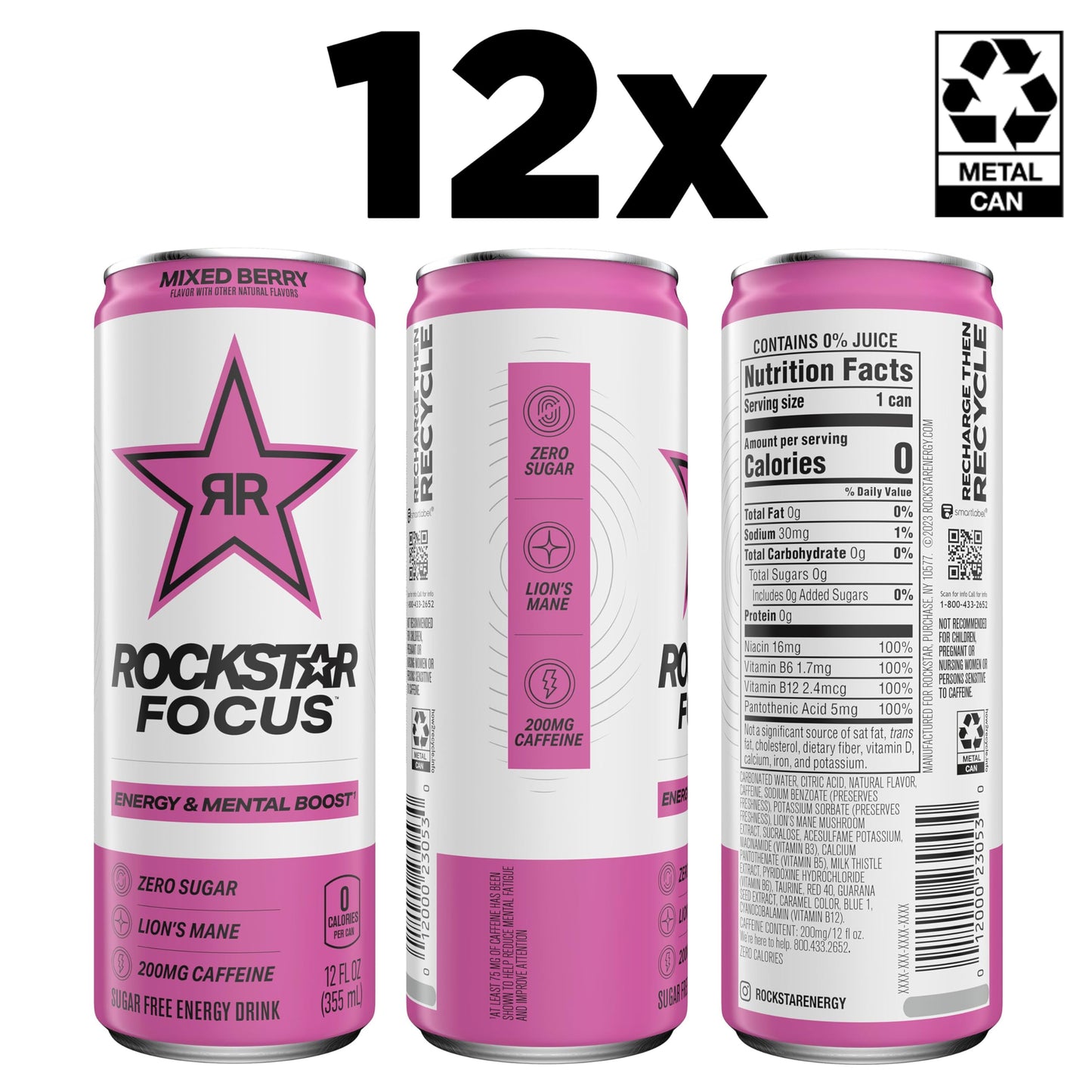Rockstar Focus Energy Drink, Mixed Berry, 12 Fl Oz Cans, Pack of 12