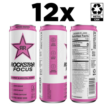 Rockstar Focus Energy Drink, Mixed Berry, 12 Fl Oz Cans, Pack of 12