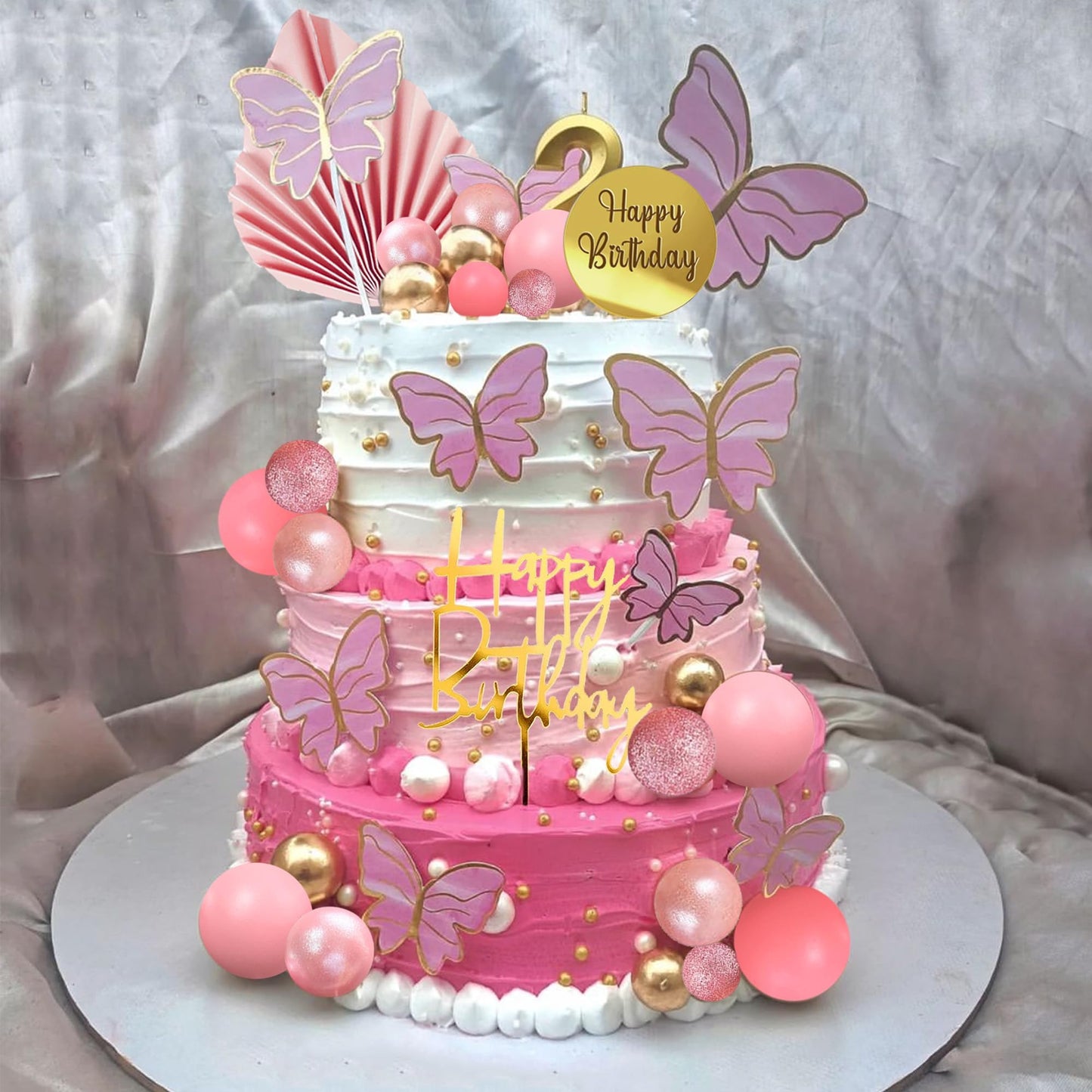 Happy Birthday Cake Topper Pink Balls Cake Topper Butterfly Balls Cake Decorations For Baby Shower Wedding Birthday Boho Party S