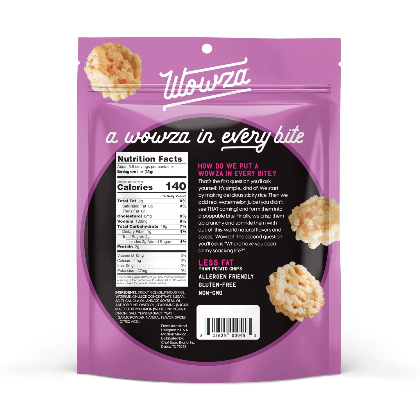 Wowza Sweet Maui Onion Rice Crisps, Healthy Sticky Rice Crunchy Rice Crisps, 3.5 oz bag (8 pack)