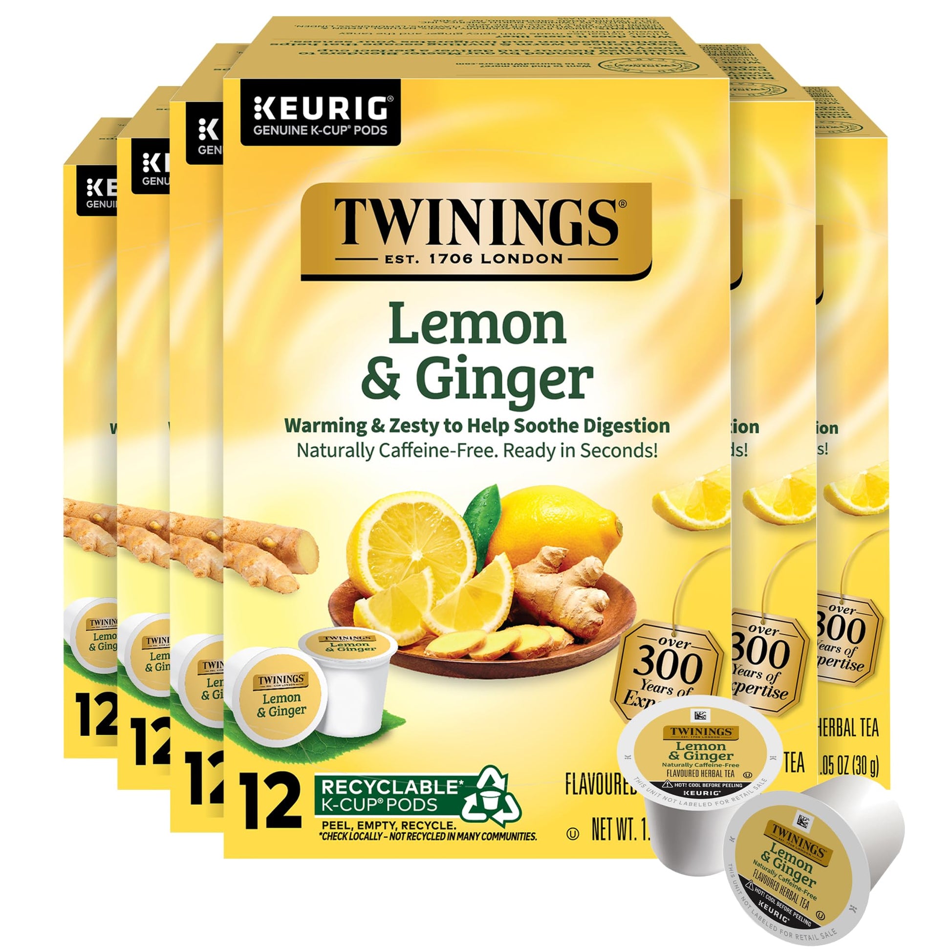 Twinings Lemon & Ginger Herbal Tea K-Cup Pods, Naturally Caffeine Free, 12 Count (Pack of 6), Model COMINHKG075964