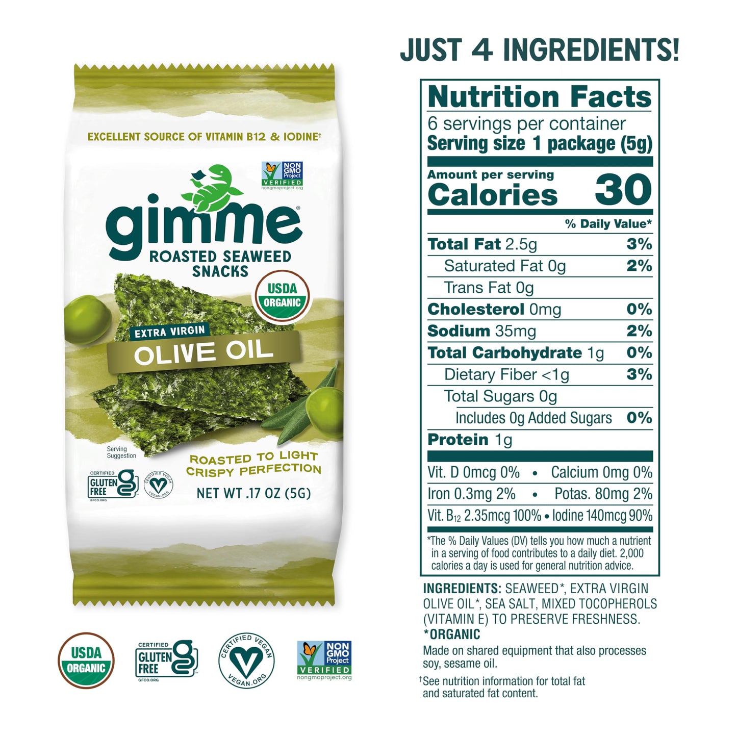 gimMe Organic Roasted Sea  Sheets - Extra Virgin Olive Oil - 6 Count - Keto, Vegan, Gluten Free Snack
