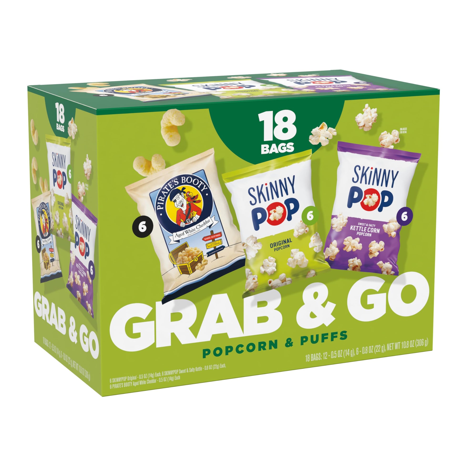 SkinnyPop Popcorn & Puffs Variety Multipack, SkinnyPop Original and Kettle Corn, and Pirate's Booty, Gluten-Free, Individually S