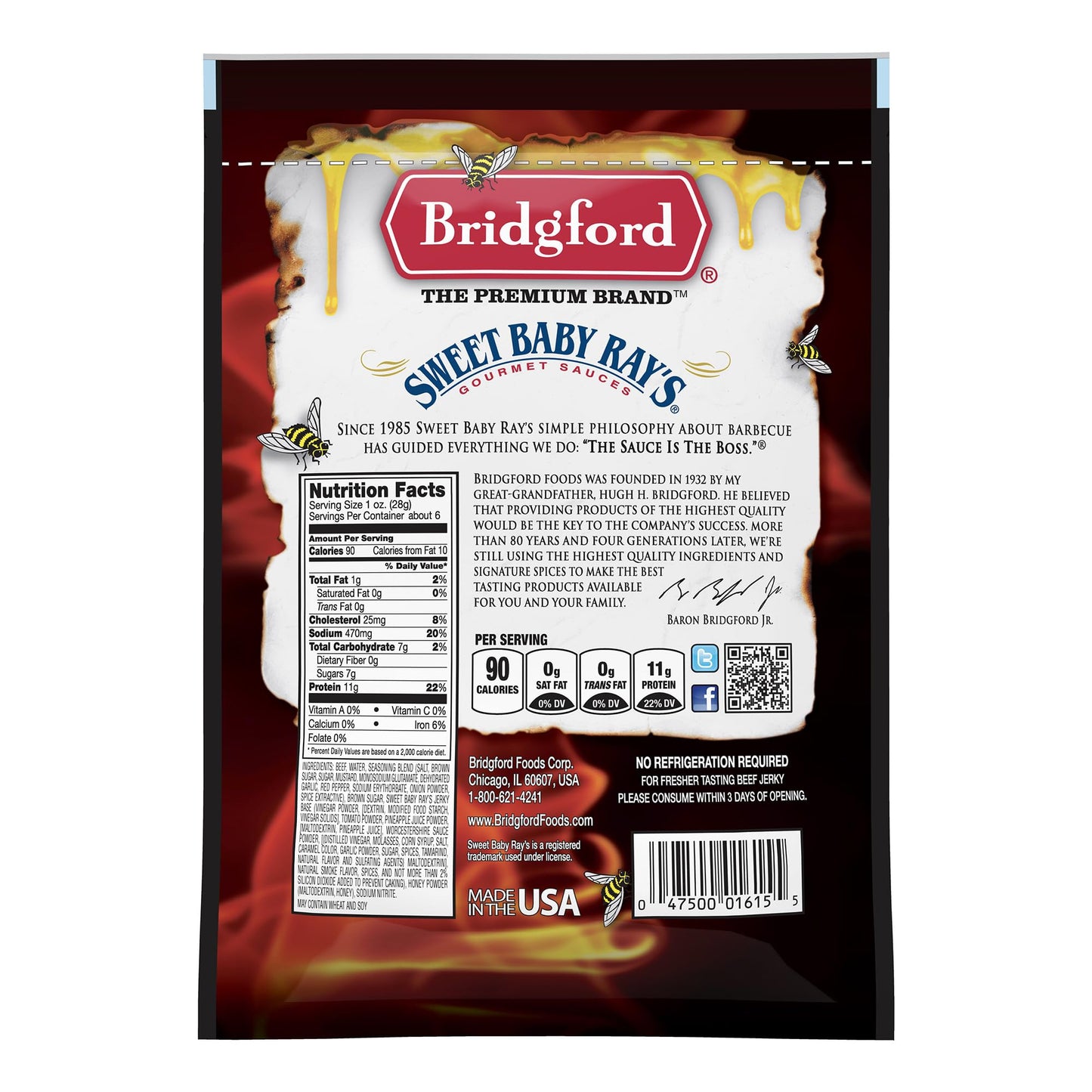 Bridgford Beef Jerky Honey BBQ - High Protein Snack, 6.2 oz Pack of 4, Naturally Smoked, Ready to Eat, Ideal for On-the-Go Snacking
