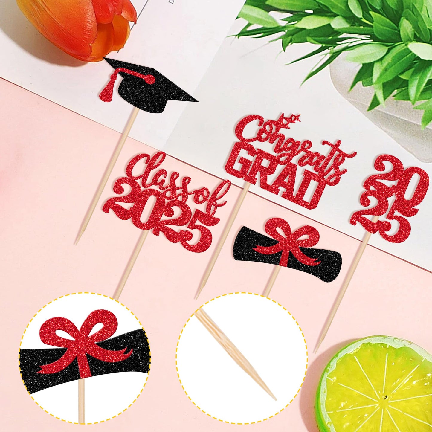 ZHUOWEISM Graduation Cupcake Toppers, 40 PCS Glitter Class of 2025, Red, Paper with Glitter