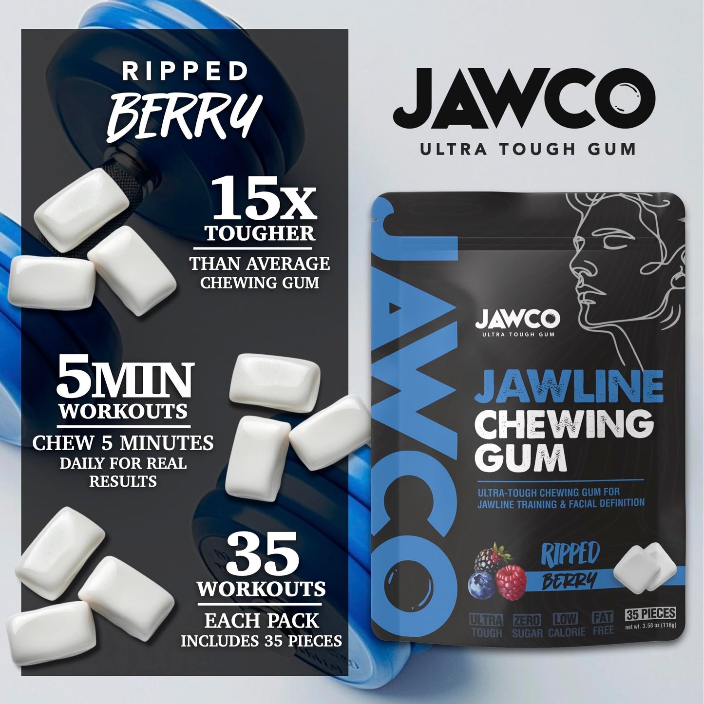 JAWCKO Ultra-Tough Jawline Chewing Gum | Get a Stronger  Squarer Jawline | Ripped Berry Jaw Training Hard Gum | 15X Strength | Chisel  Sculpt  Tone your Jaw | Facial Fitness Mewing Gum | 40 Pieces/Pack