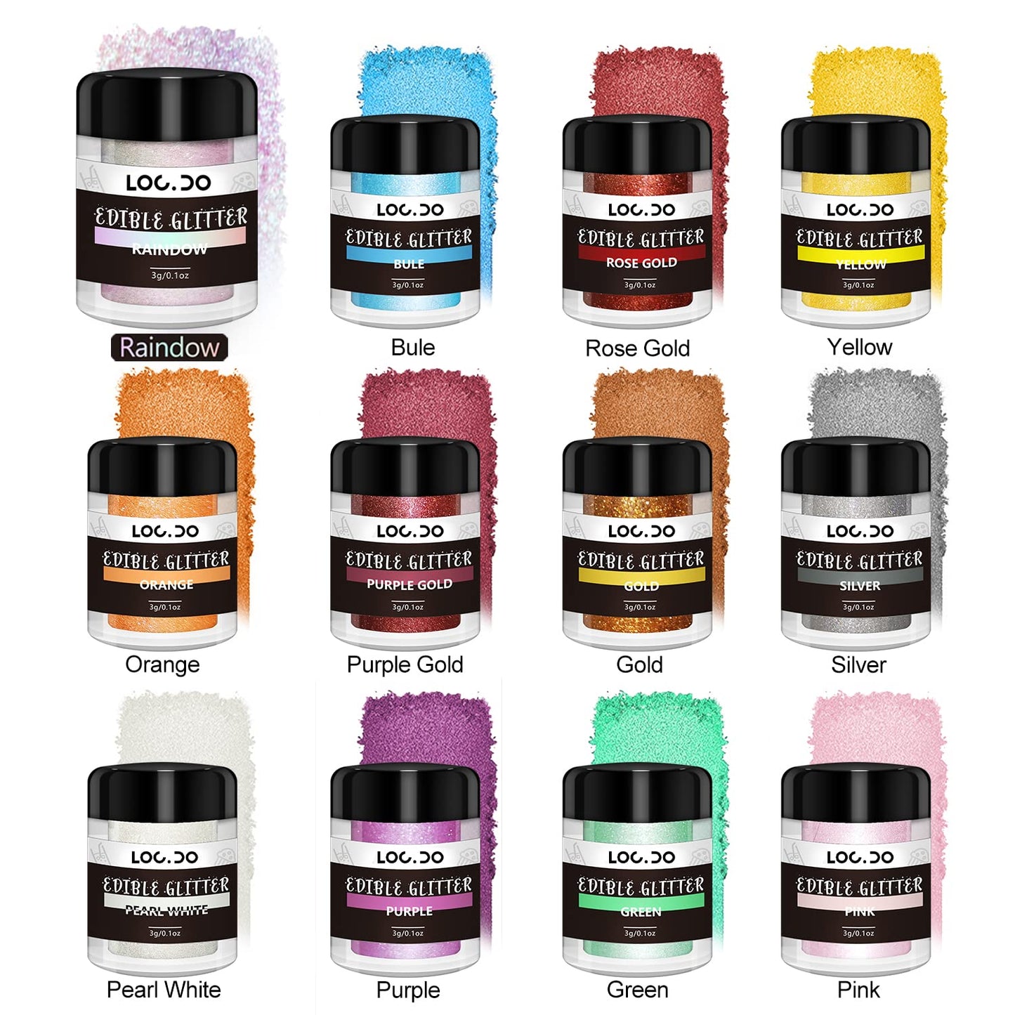 LOCDO Edible Glitter Set - 12 Food Grade Luster Dust Colors for Drinks, Cakes, Cupcakes, Vegan & Gluten Free (3g/bottle)