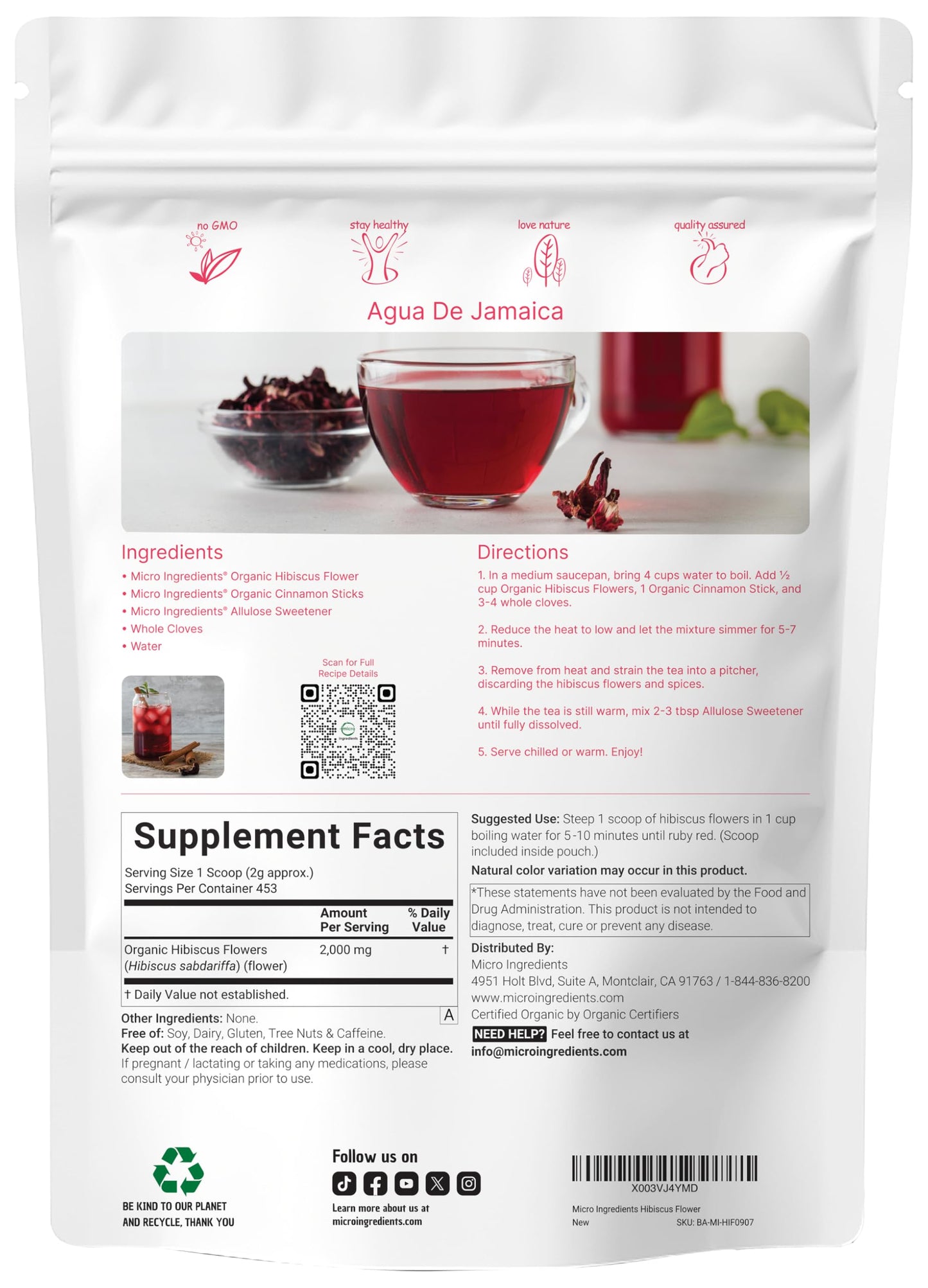 Micro Ingredients Organic Hibiscus Flowers, Caffeine Free, 2lbs Loose Leaf Tea