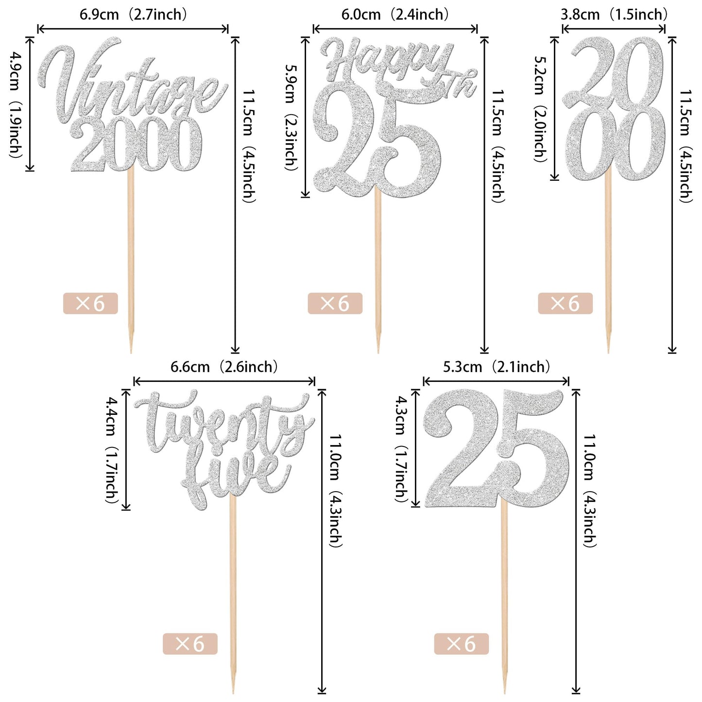 ZHUOWEISM 30PCS Cupcake Toppers for 25th Birthday, Vintage Silver Paper Picks