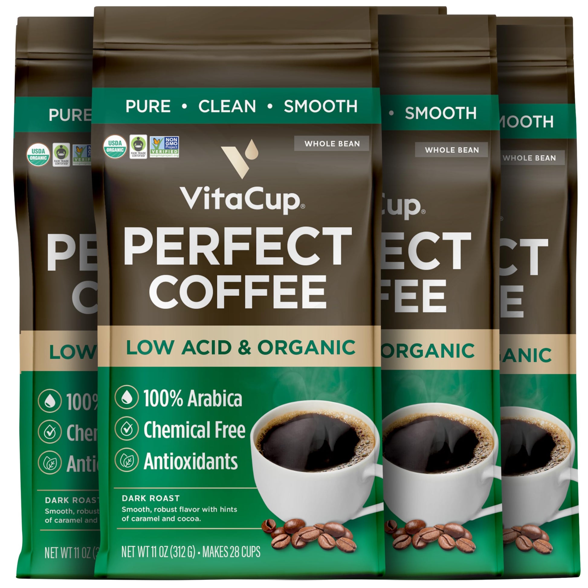 Vitacup Perfect Low Acid Coffee Beans  Usda Organic & Fair Trade  Mycotoxin Free  Dark Roast Guatemala Single Oriflavor Blend  Clean & Pure  Low Acidity  Whole Bean Coffee  4 Bags  11Oz Each