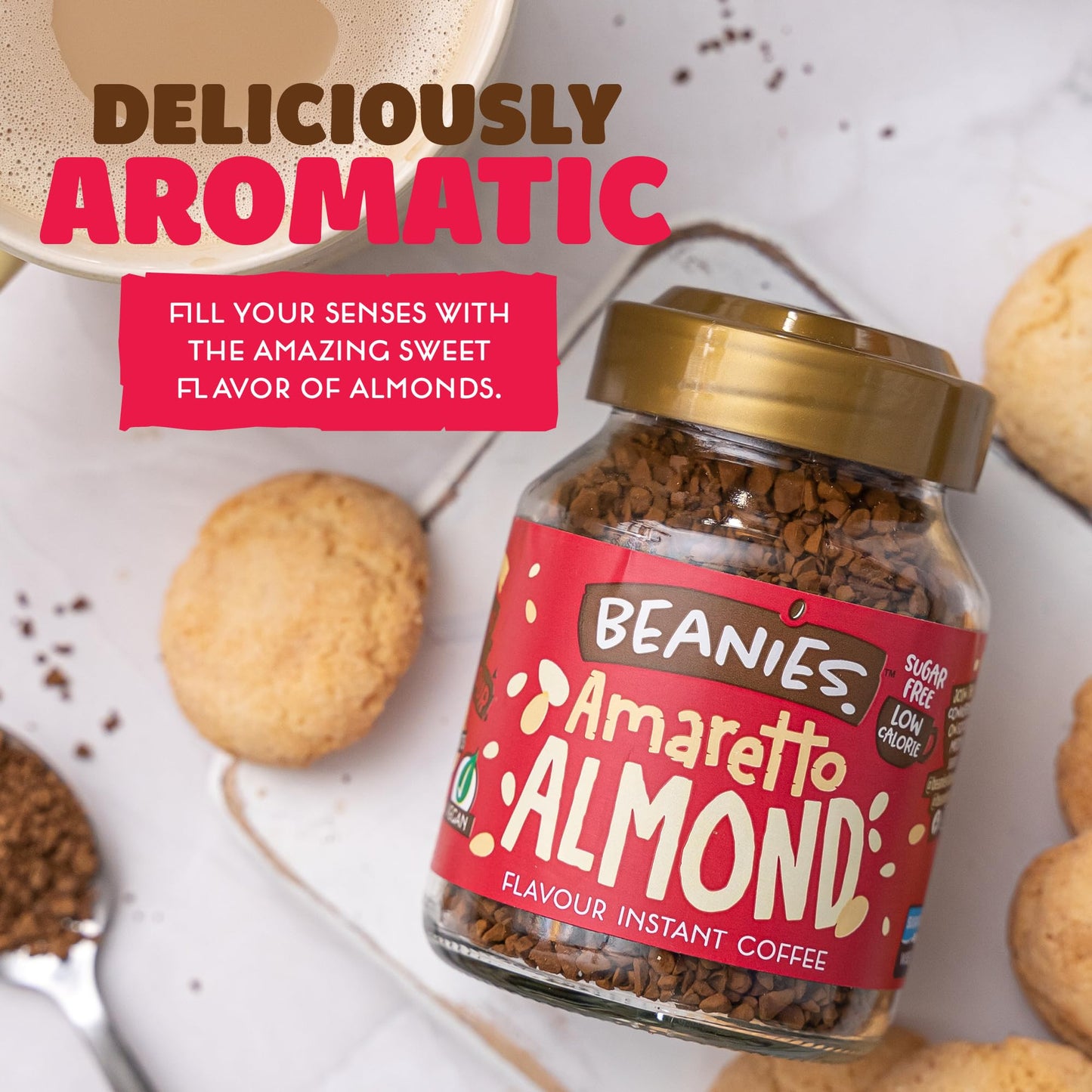 Beanies Flavour Instant Coffee - Ameretto Almond Instant Flavored Coffee - Bold & Adventurous Full-On Flavor - An Indulgent Suga
