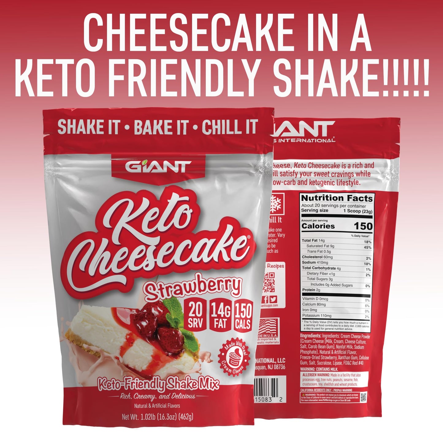Giant Sports Keto Cheesecake Shake Mix - Low Carb Powder - 16.6 oz - Gluten Free - Strawberry Flavor