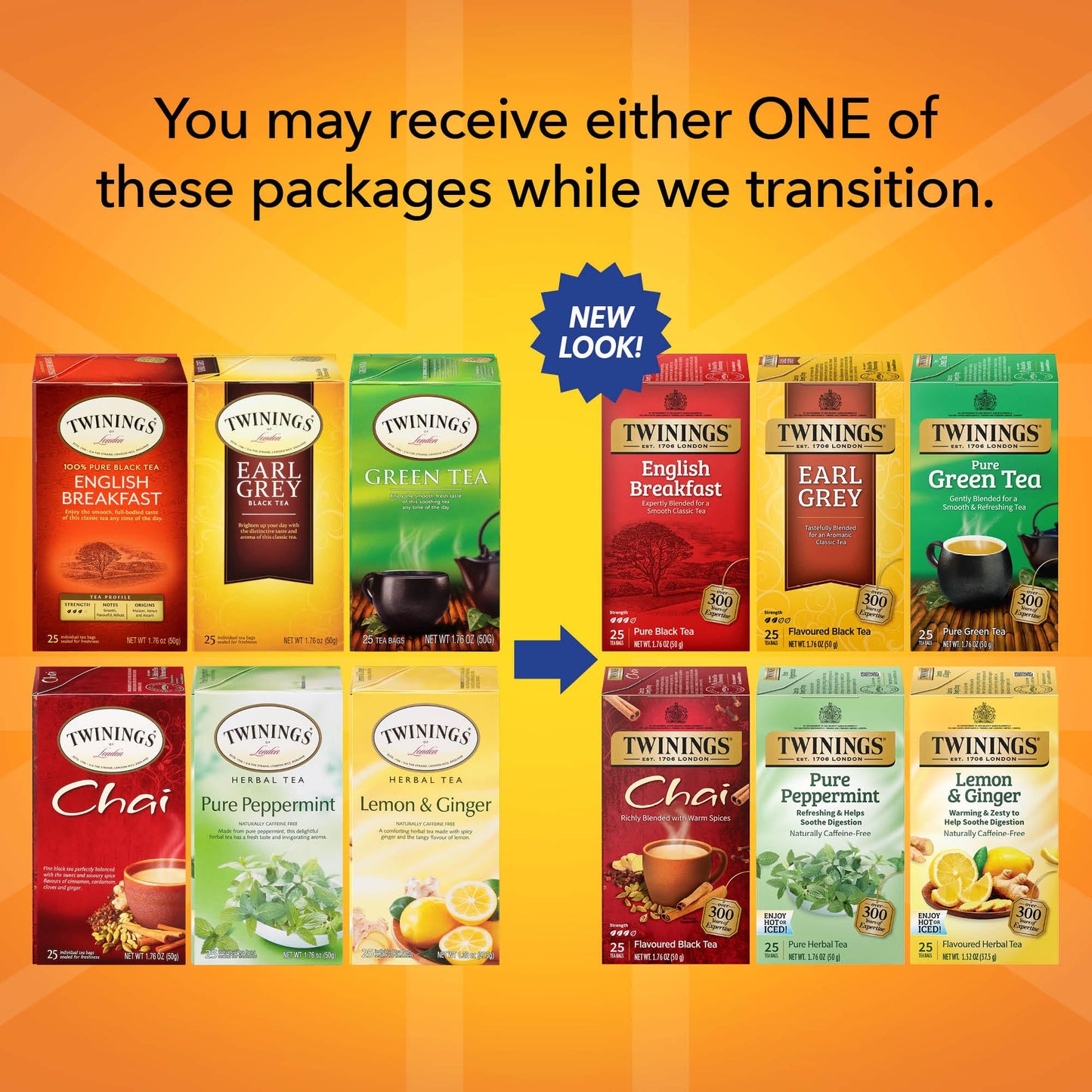 Twinings Variety Pack Tea Bags, English Breakfast, Earl Grey, Lemon Ginger, Peppermint, Green & Chai, 25 Count (Pack of 6)