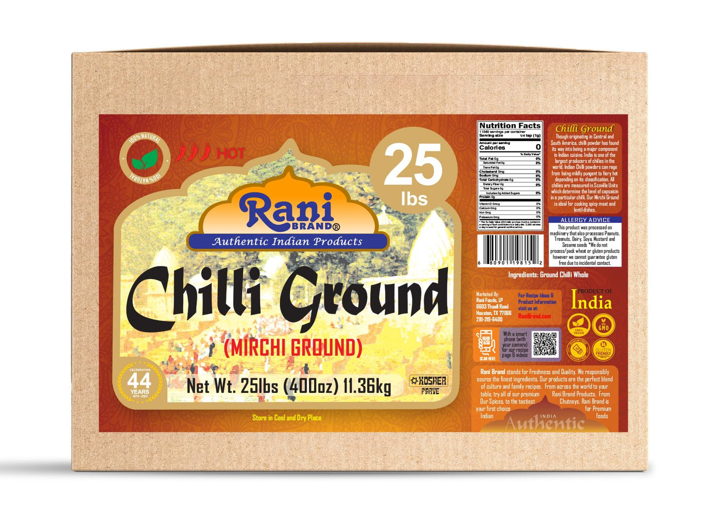 Rani Chilli Powder (Mirchi) Ground Indian Spice 400Oz (25Lbs) 11.36Kg Bulk Box ~ All Natural | Salt-Free | Vegan | No Colors | G