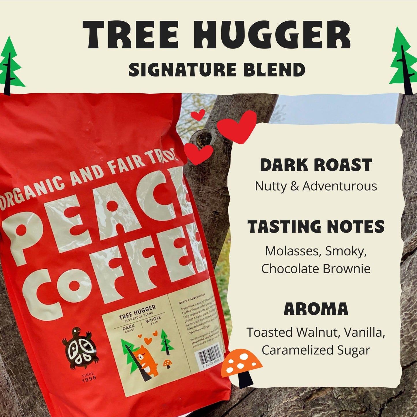 Peace Coffee Tree Hugger Signature Blend | 5 Lb Ground Dark Roast | Organic Fair Trade | Soft, Smooth Flavor | Shade Grown, Fres