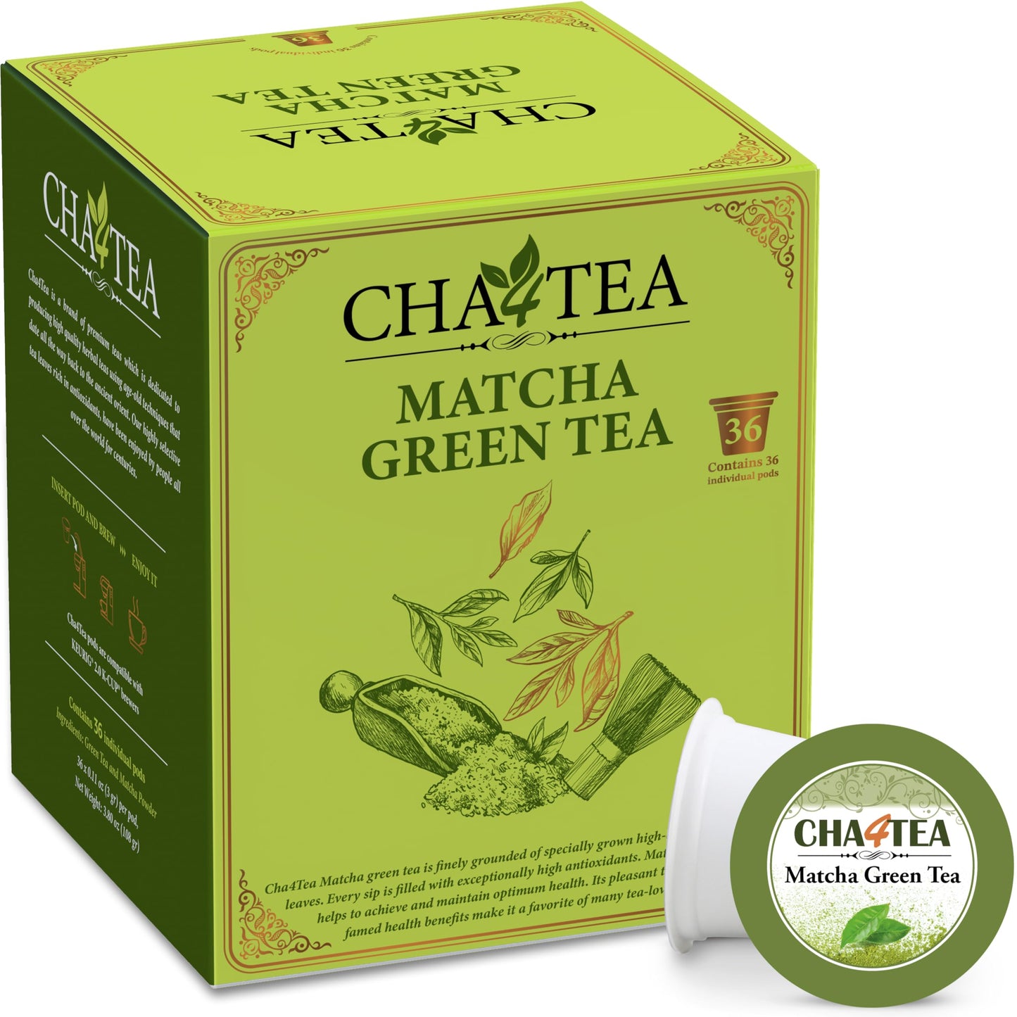 Cha4TEA Matcha Green Tea Pods for Keurig, 36 Count, TE-009-1